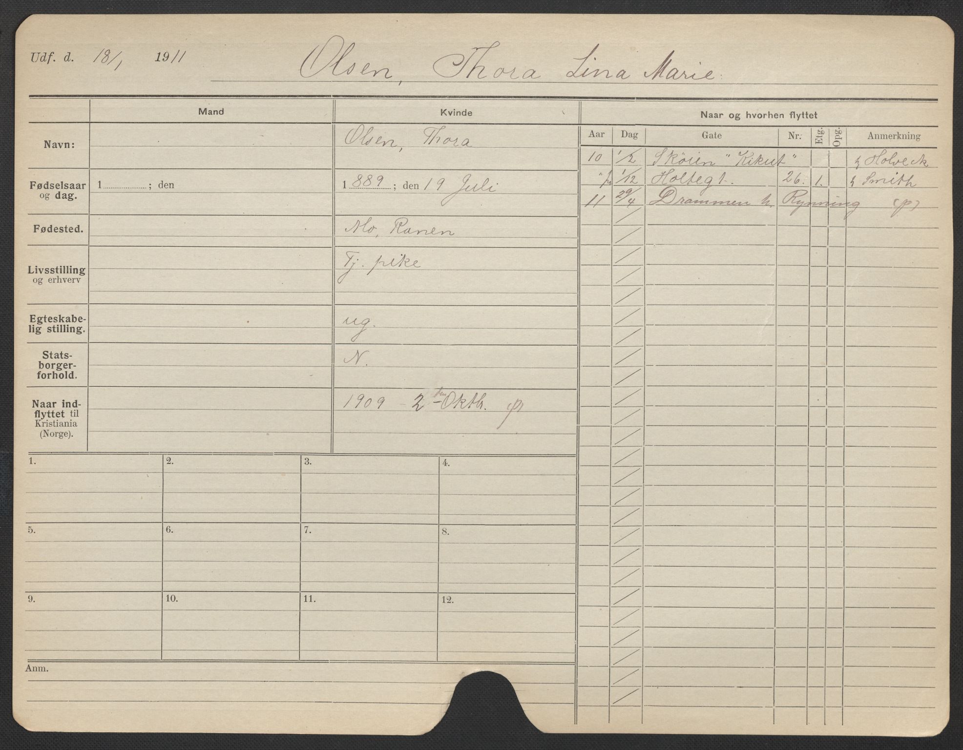 Oslo folkeregister, Registerkort, AV/SAO-A-11715/F/Fa/Fac/L0022: Kvinner, 1906-1914, p. 377a