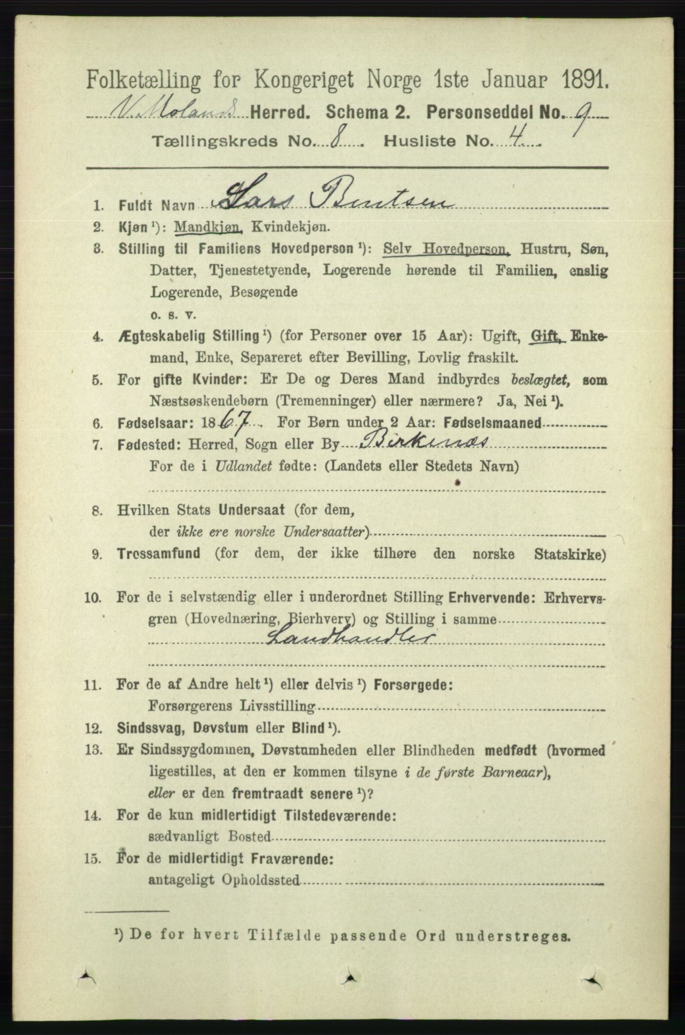 RA, 1891 census for 0926 Vestre Moland, 1891, p. 3025