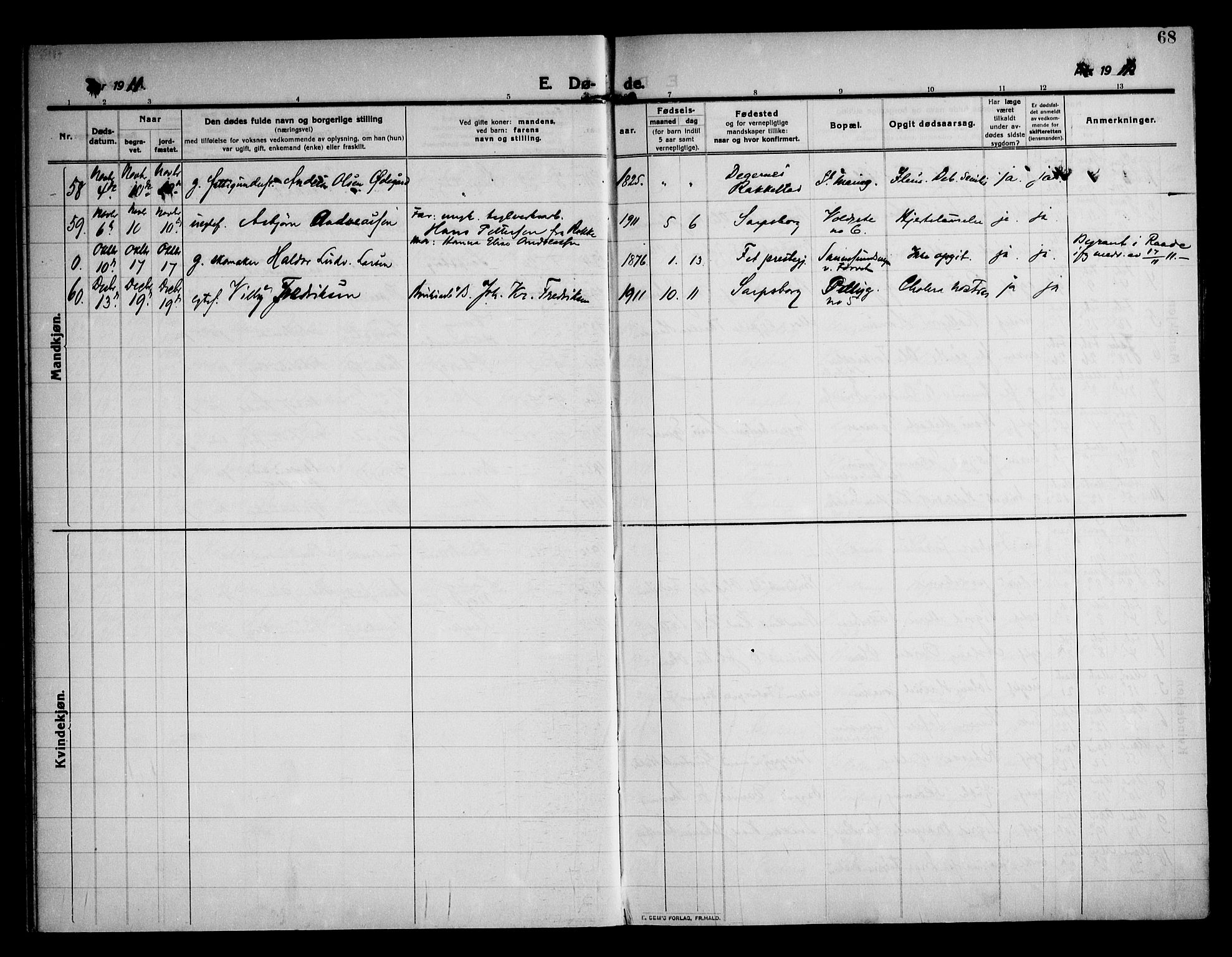 Sarpsborg prestekontor Kirkebøker, AV/SAO-A-2006/F/Fa/L0007: Parish register (official) no. 7, 1910-1918, p. 68