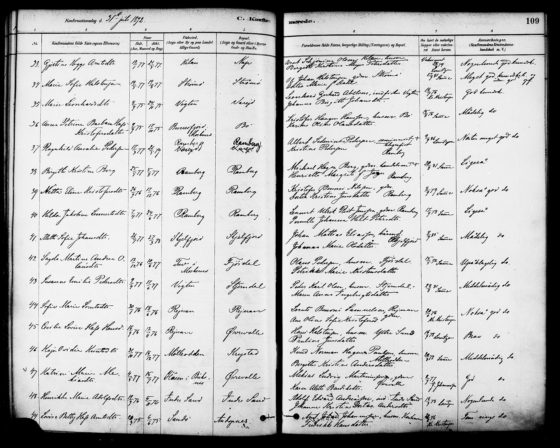 Ministerialprotokoller, klokkerbøker og fødselsregistre - Nordland, AV/SAT-A-1459/885/L1204: Parish register (official) no. 885A05, 1878-1892, p. 109