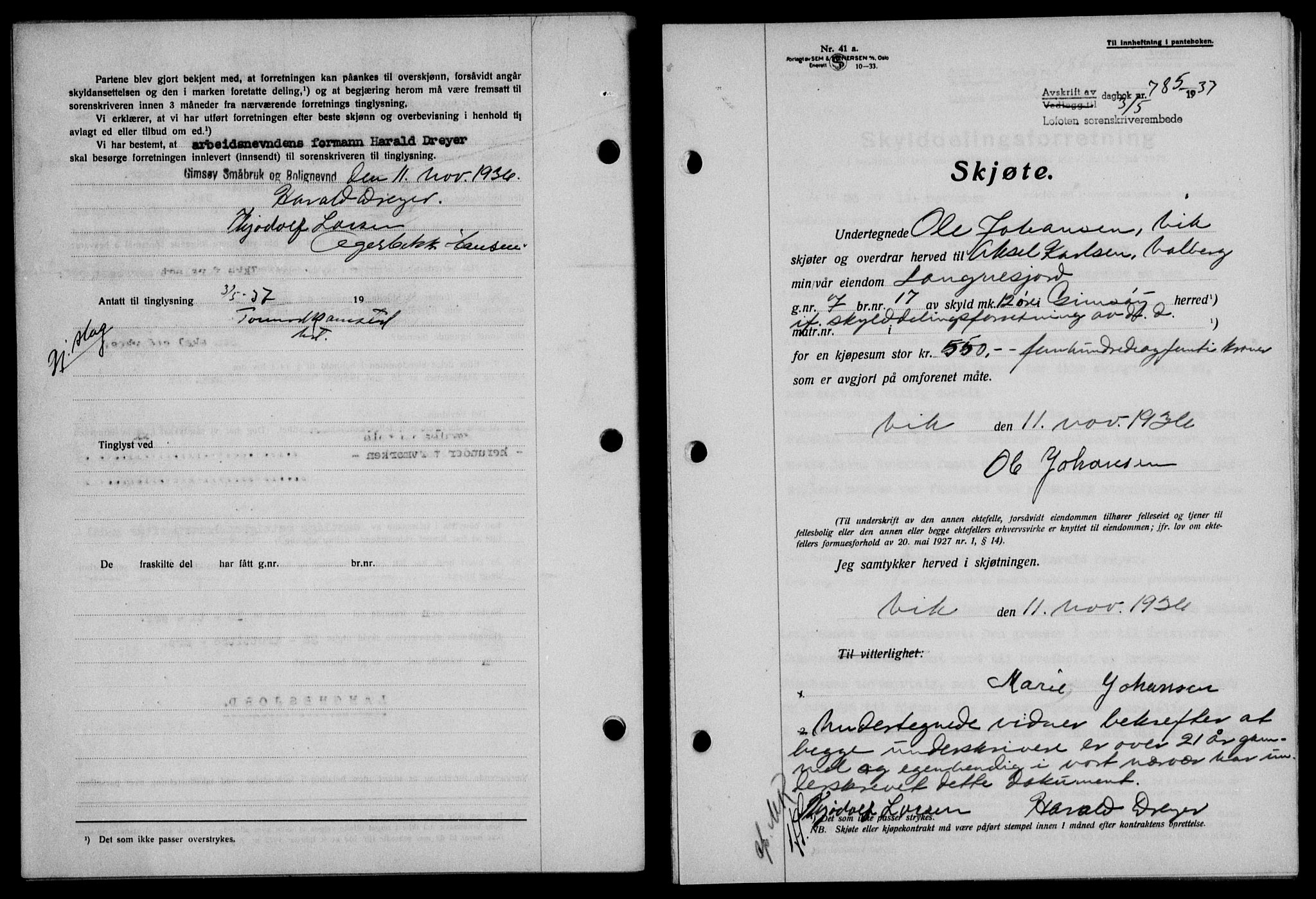 Lofoten sorenskriveri, SAT/A-0017/1/2/2C/L0002a: Mortgage book no. 2a, 1937-1937, Diary no: : 785/1937