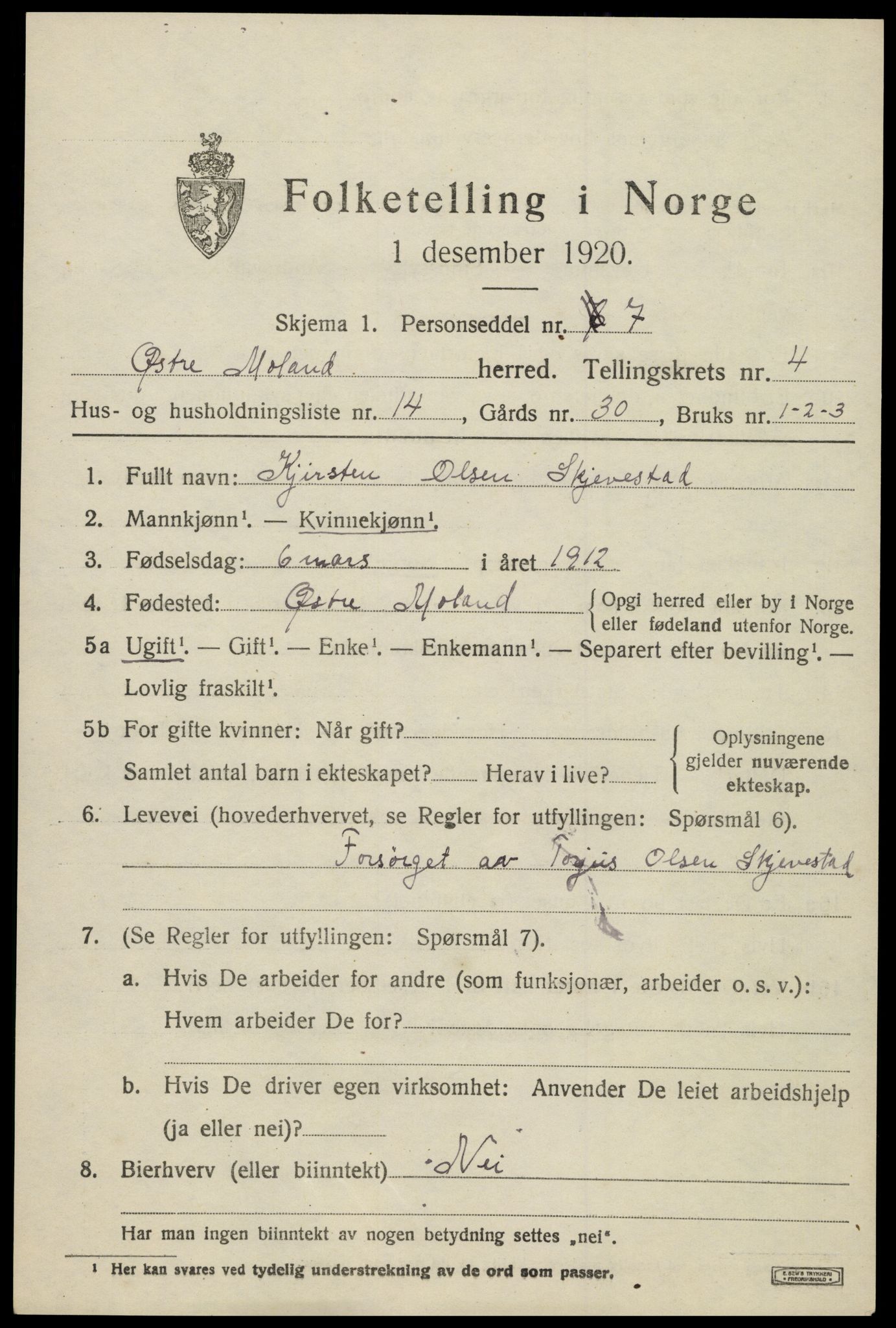 SAK, 1920 census for Austre Moland, 1920, p. 2203