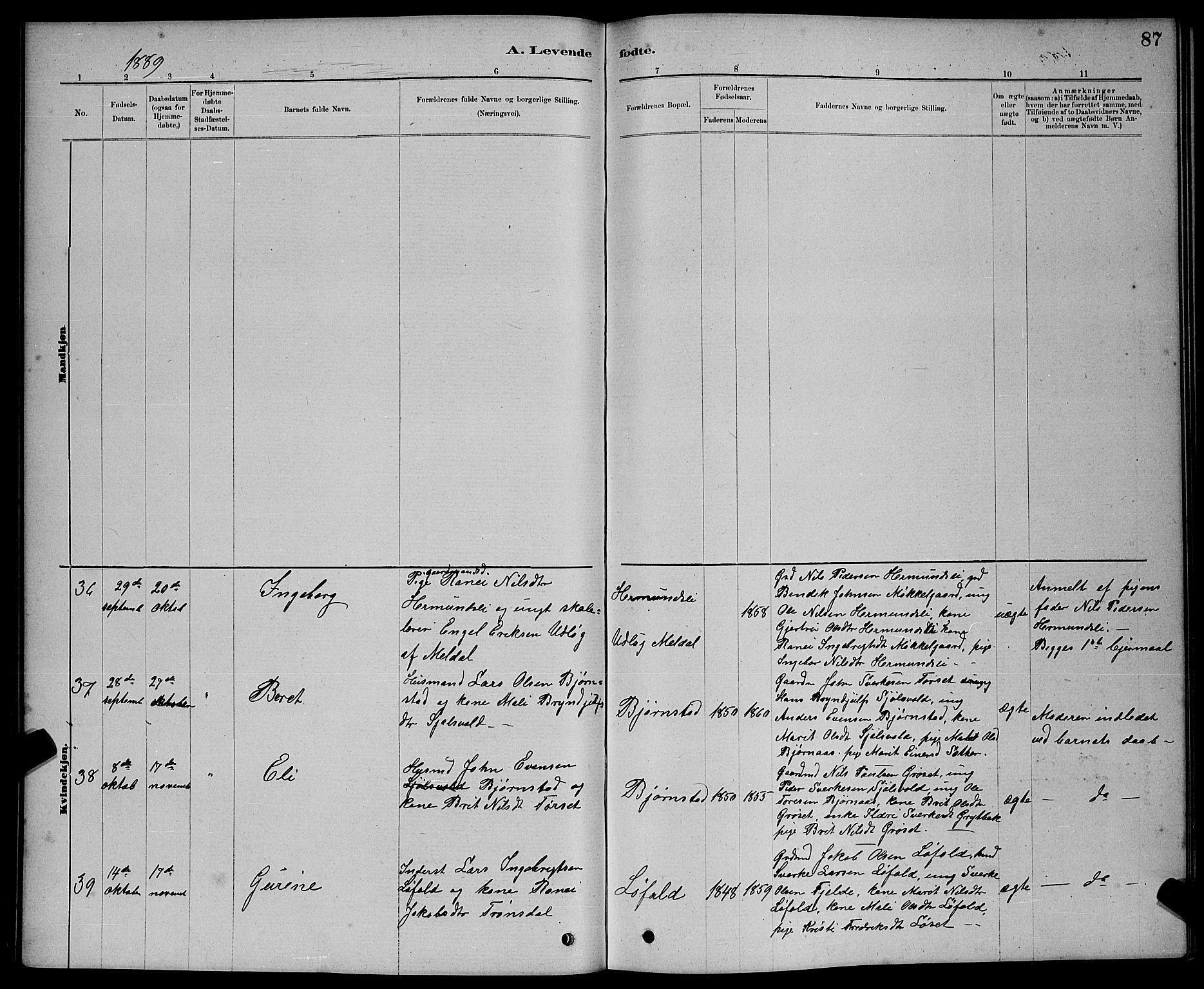 Ministerialprotokoller, klokkerbøker og fødselsregistre - Møre og Romsdal, AV/SAT-A-1454/598/L1077: Parish register (copy) no. 598C02, 1879-1891, p. 87