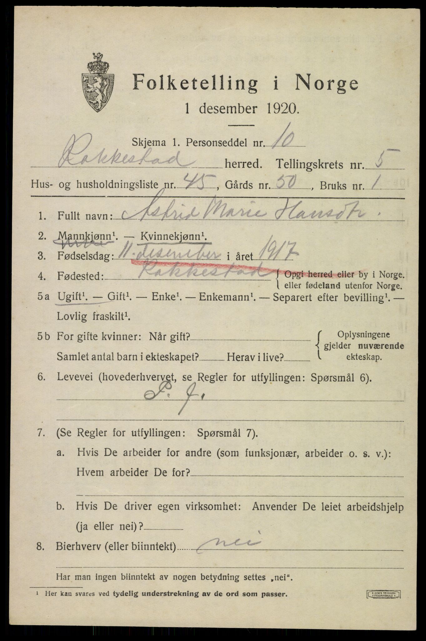 SAO, 1920 census for Rakkestad, 1920, p. 6483