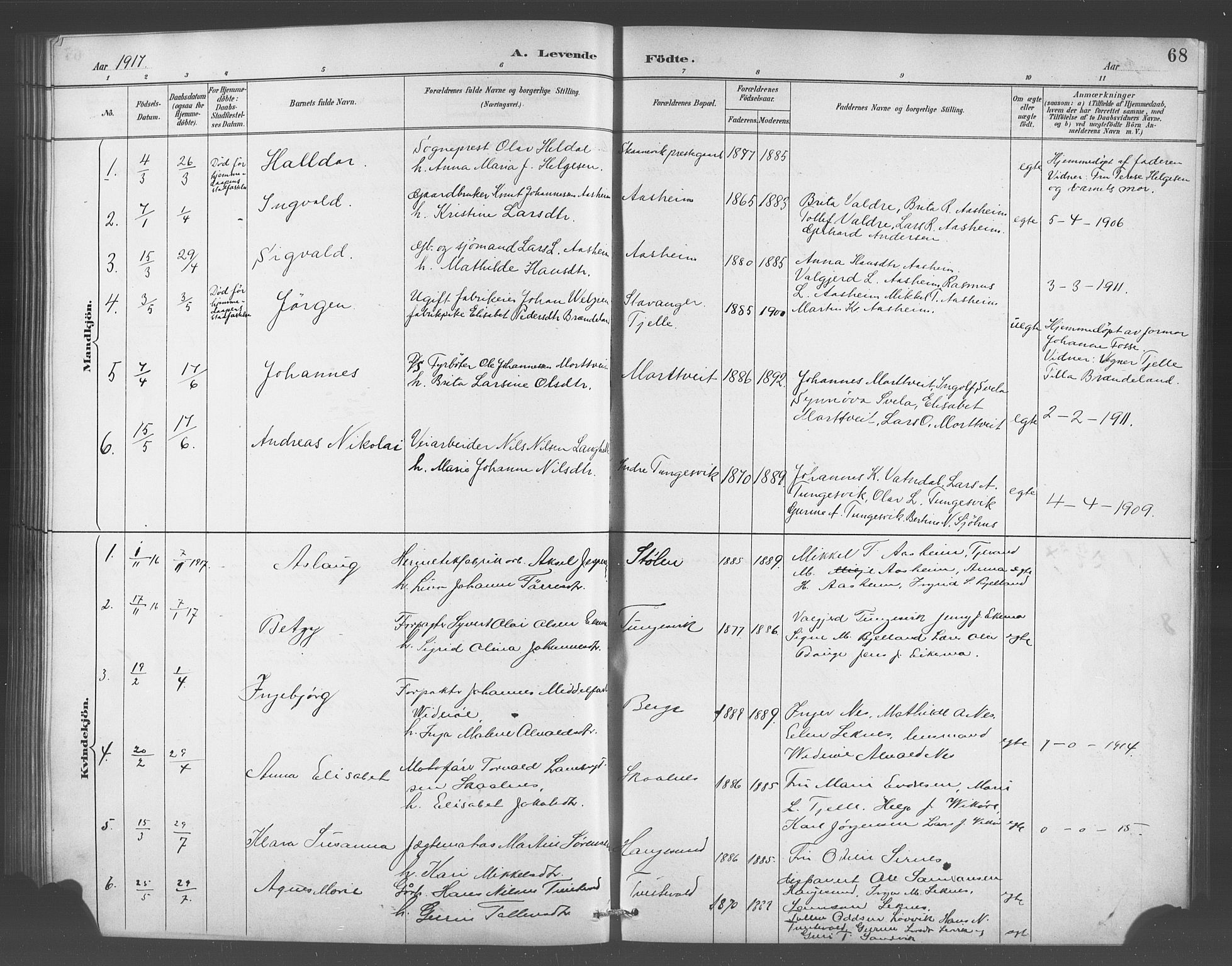 Skånevik sokneprestembete, AV/SAB-A-77801/H/Hab: Parish register (copy) no. A 2, 1888-1924, p. 68