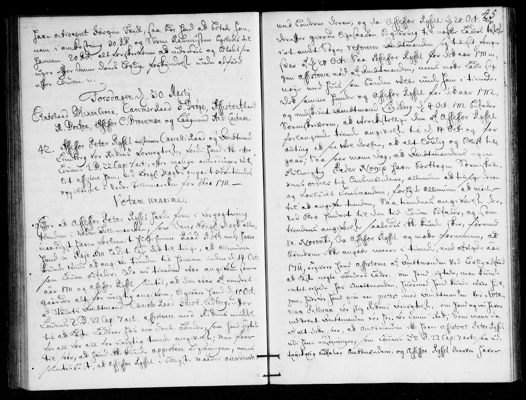 Overhoffretten 1667-1797, AV/RA-EA-2884/Ac/L0148: Voteringsprotokoll, 1713, p. 44b-45a