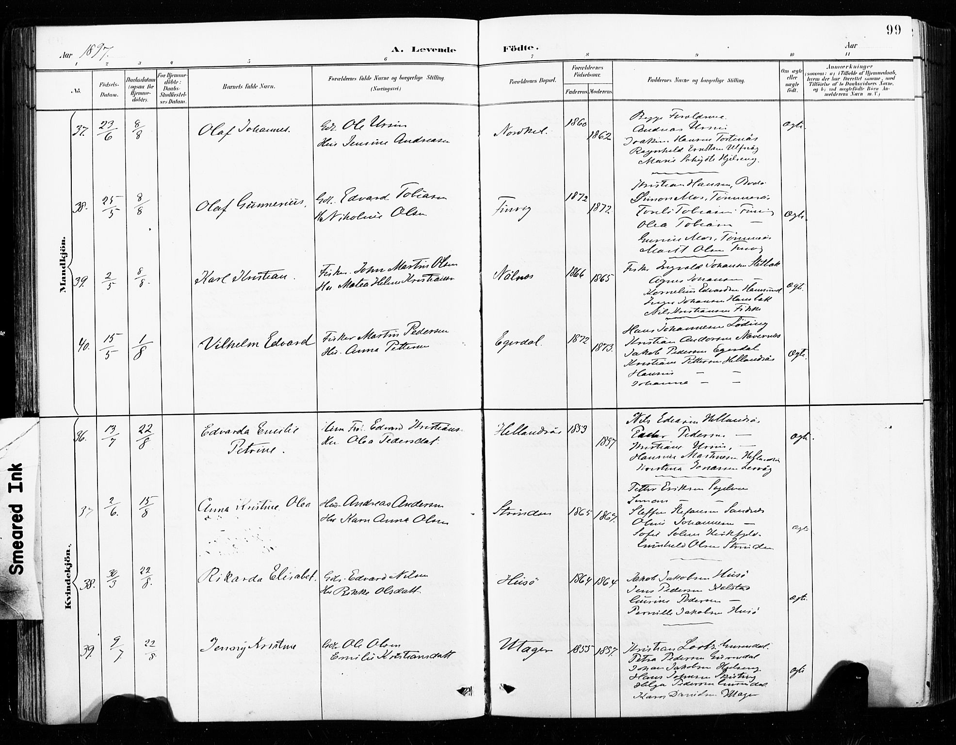 Ministerialprotokoller, klokkerbøker og fødselsregistre - Nordland, AV/SAT-A-1459/859/L0847: Parish register (official) no. 859A07, 1890-1899, p. 99