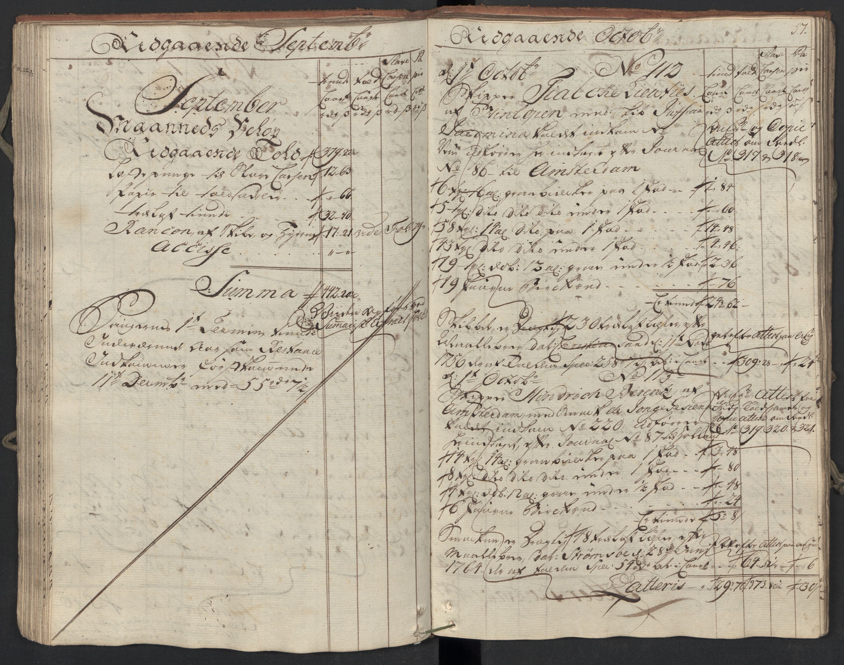 Generaltollkammeret, tollregnskaper, AV/RA-EA-5490/R09/L0038/0001: Tollregnskaper Holmestrand / Utgående hovedtollbok, 1764, p. 56b-57a