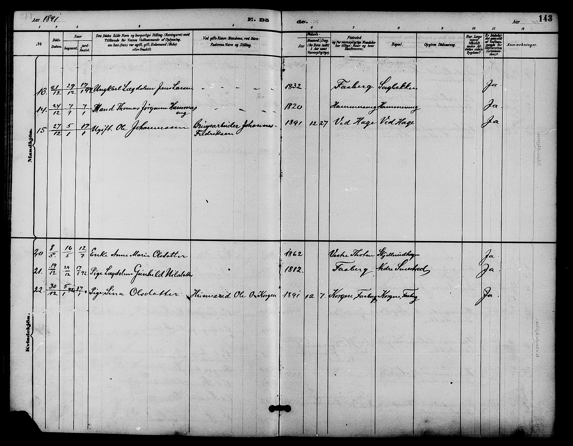 Fåberg prestekontor, SAH/PREST-086/H/Ha/Hab/L0009: Parish register (copy) no. 9, 1891-1902, p. 143