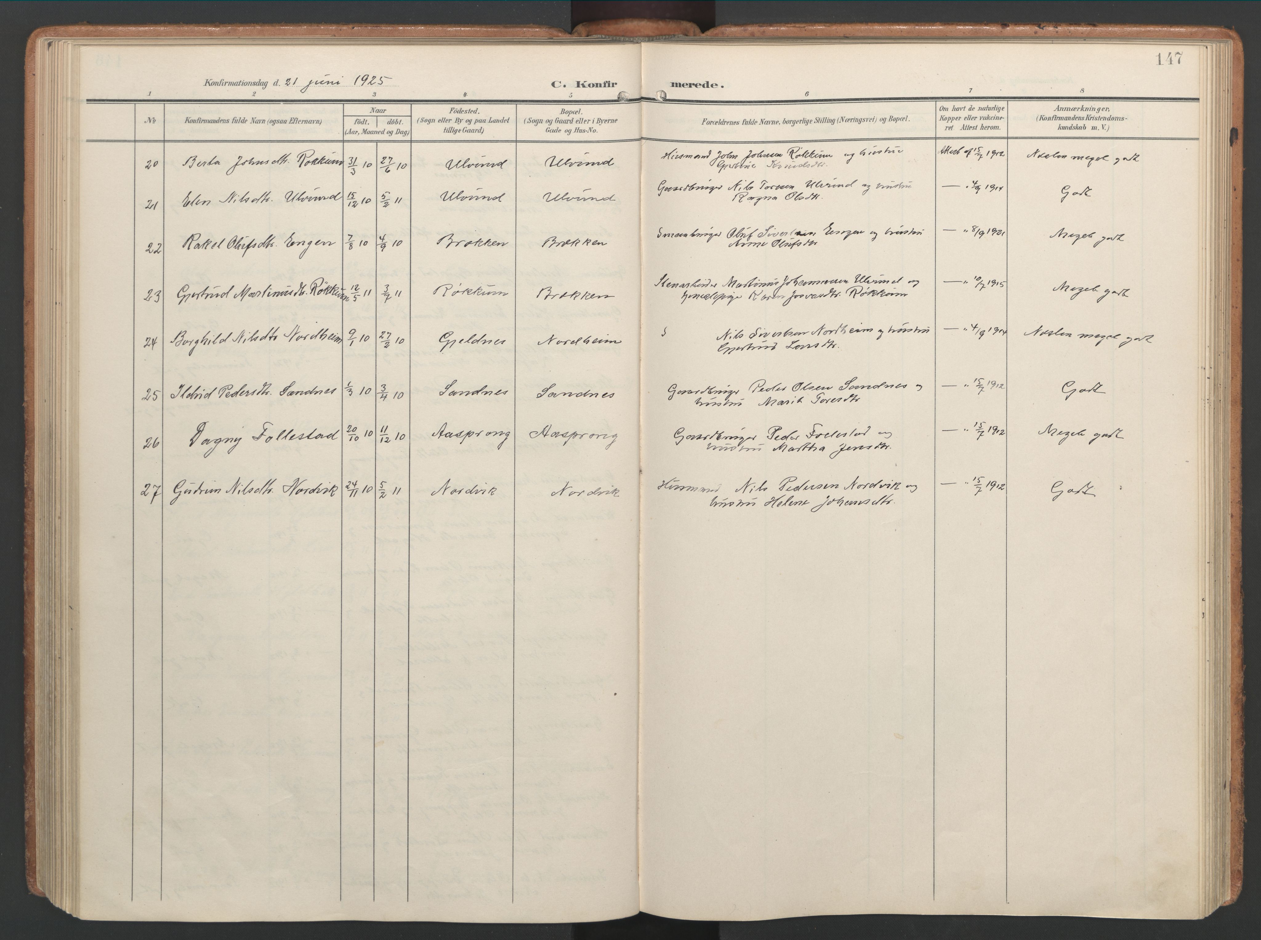 Ministerialprotokoller, klokkerbøker og fødselsregistre - Møre og Romsdal, AV/SAT-A-1454/592/L1030: Parish register (official) no. 592A08, 1901-1925, p. 147