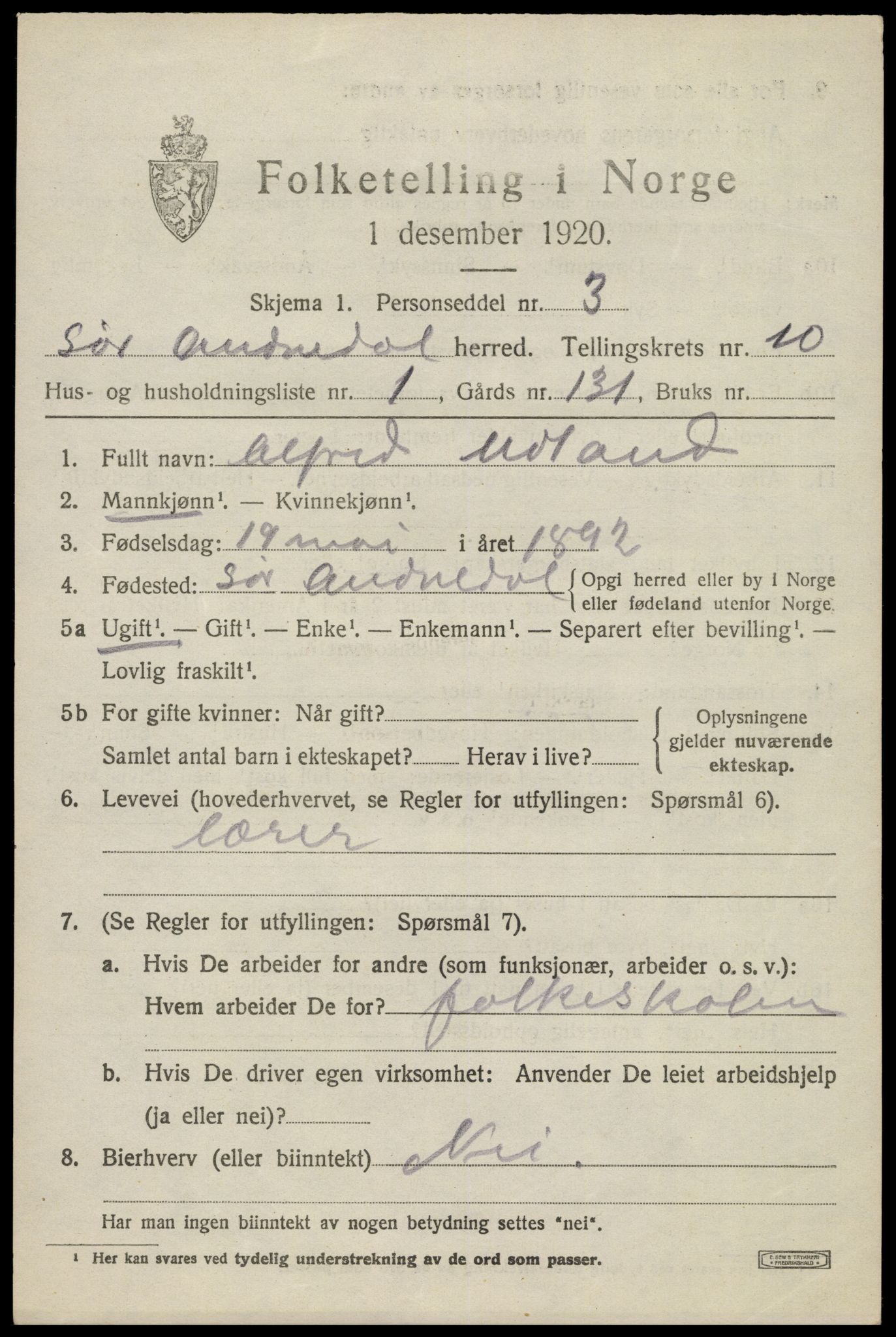 SAK, 1920 census for Sør-Audnedal, 1920, p. 3835