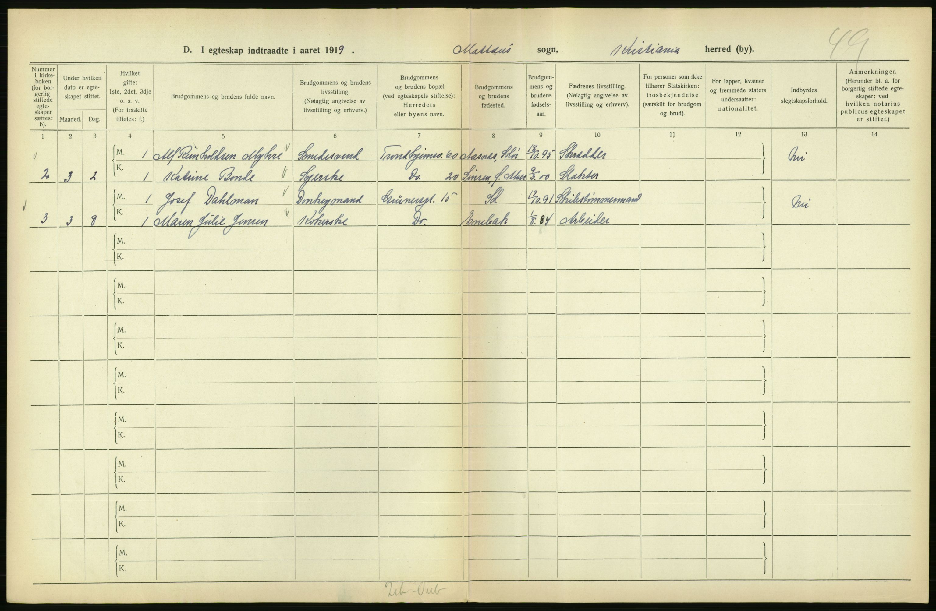 Statistisk sentralbyrå, Sosiodemografiske emner, Befolkning, AV/RA-S-2228/D/Df/Dfb/Dfbi/L0009: Kristiania: Gifte, 1919, p. 574