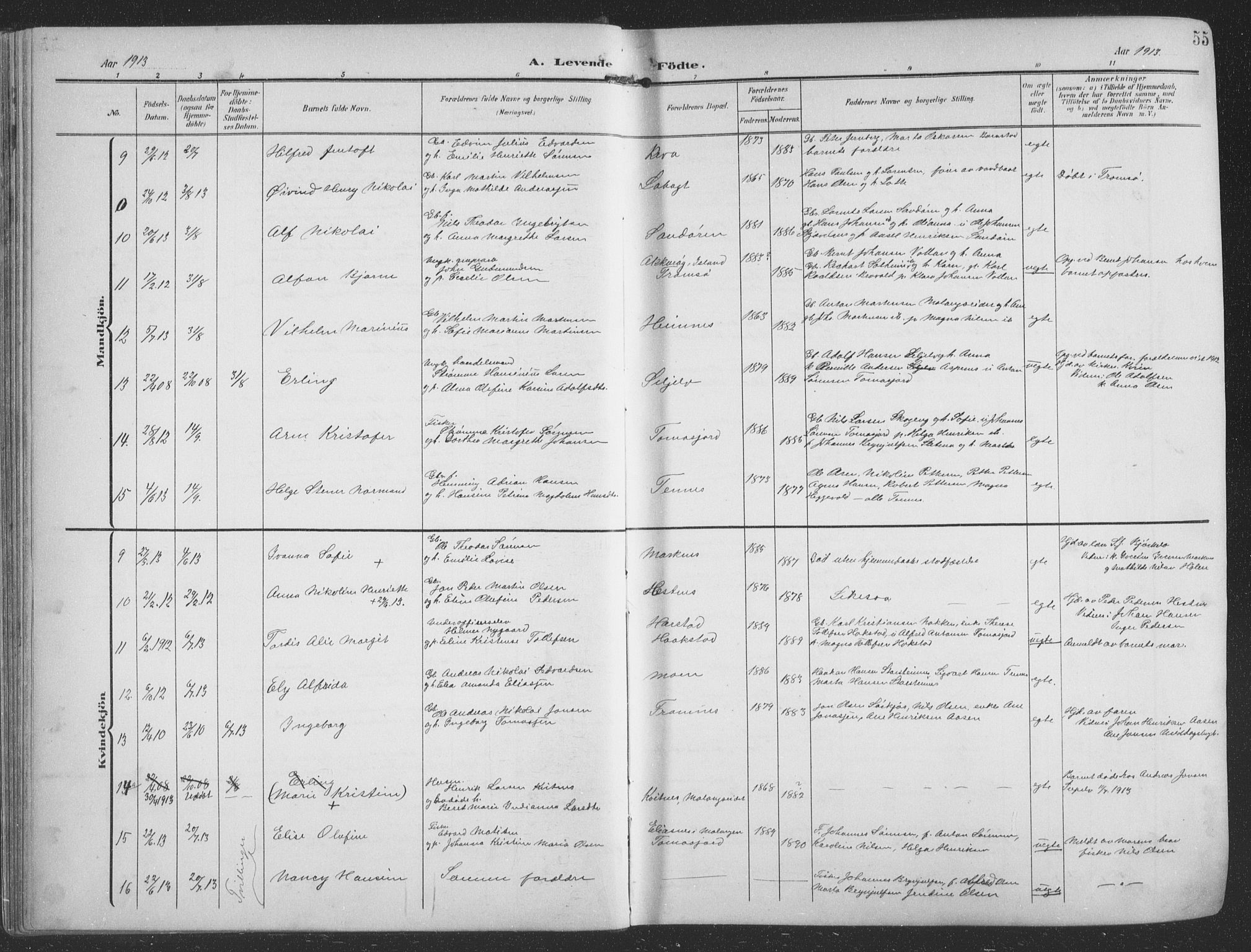 Balsfjord sokneprestembete, SATØ/S-1303/G/Ga/L0009klokker: Parish register (copy) no. 9, 1906-1920, p. 55