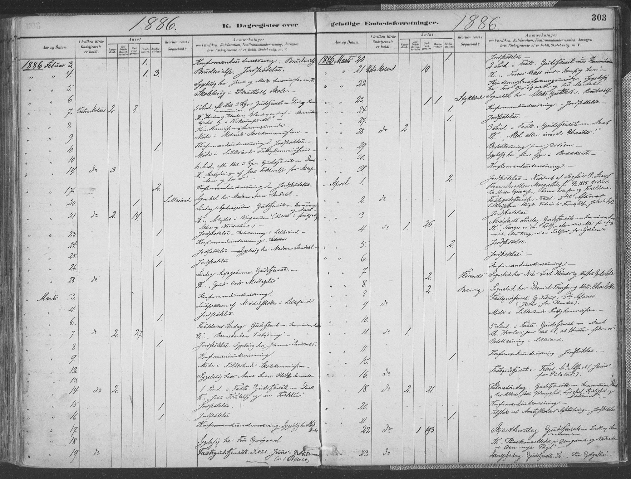 Vestre Moland sokneprestkontor, AV/SAK-1111-0046/F/Fa/Fab/L0009: Parish register (official) no. A 9, 1884-1899, p. 303