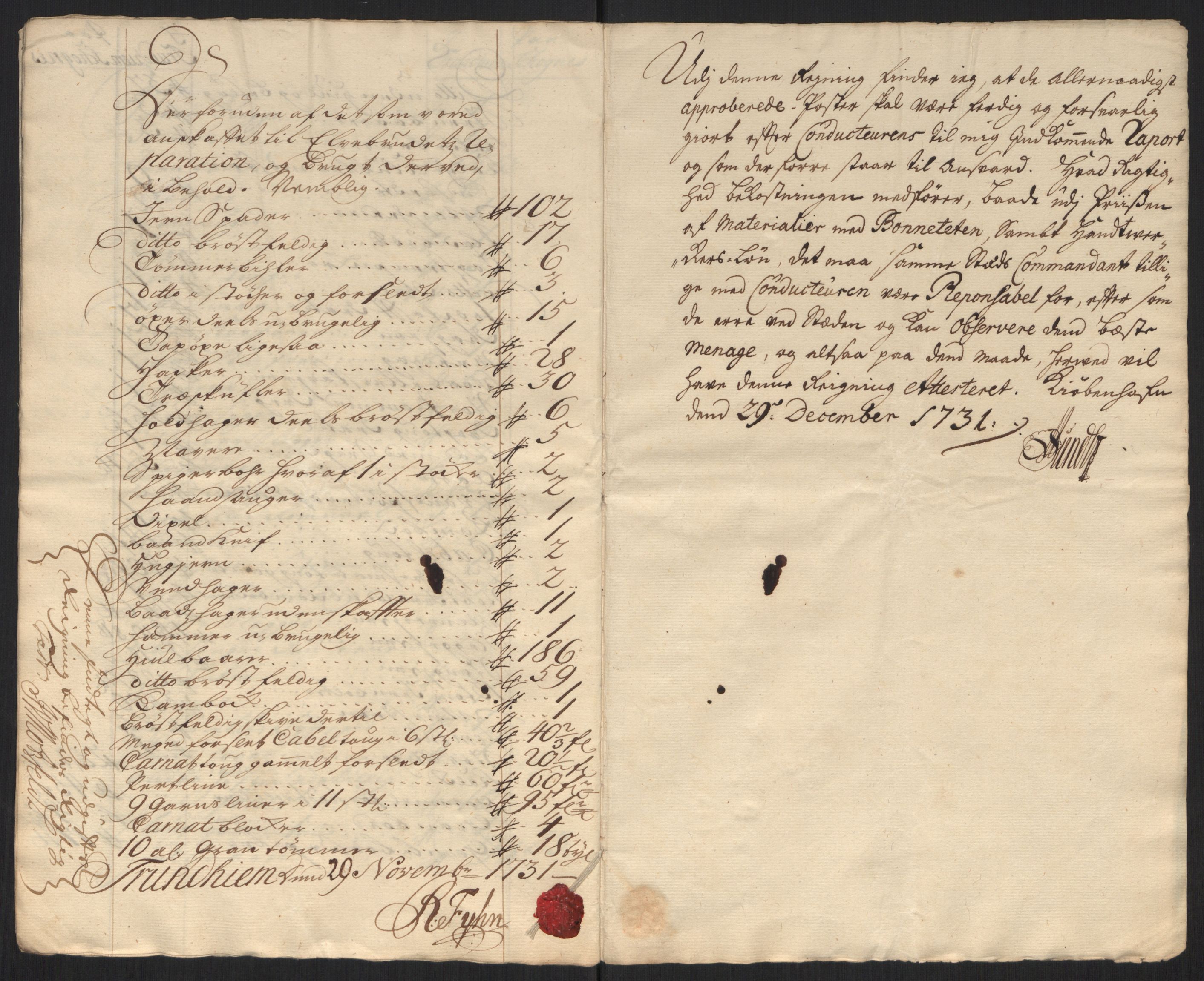 Rentekammeret inntil 1814, Reviderte regnskaper, Militære regnskaper, AV/RA-EA-4069/Rd/L0649: Trondheim festningsregnskaper, 1731