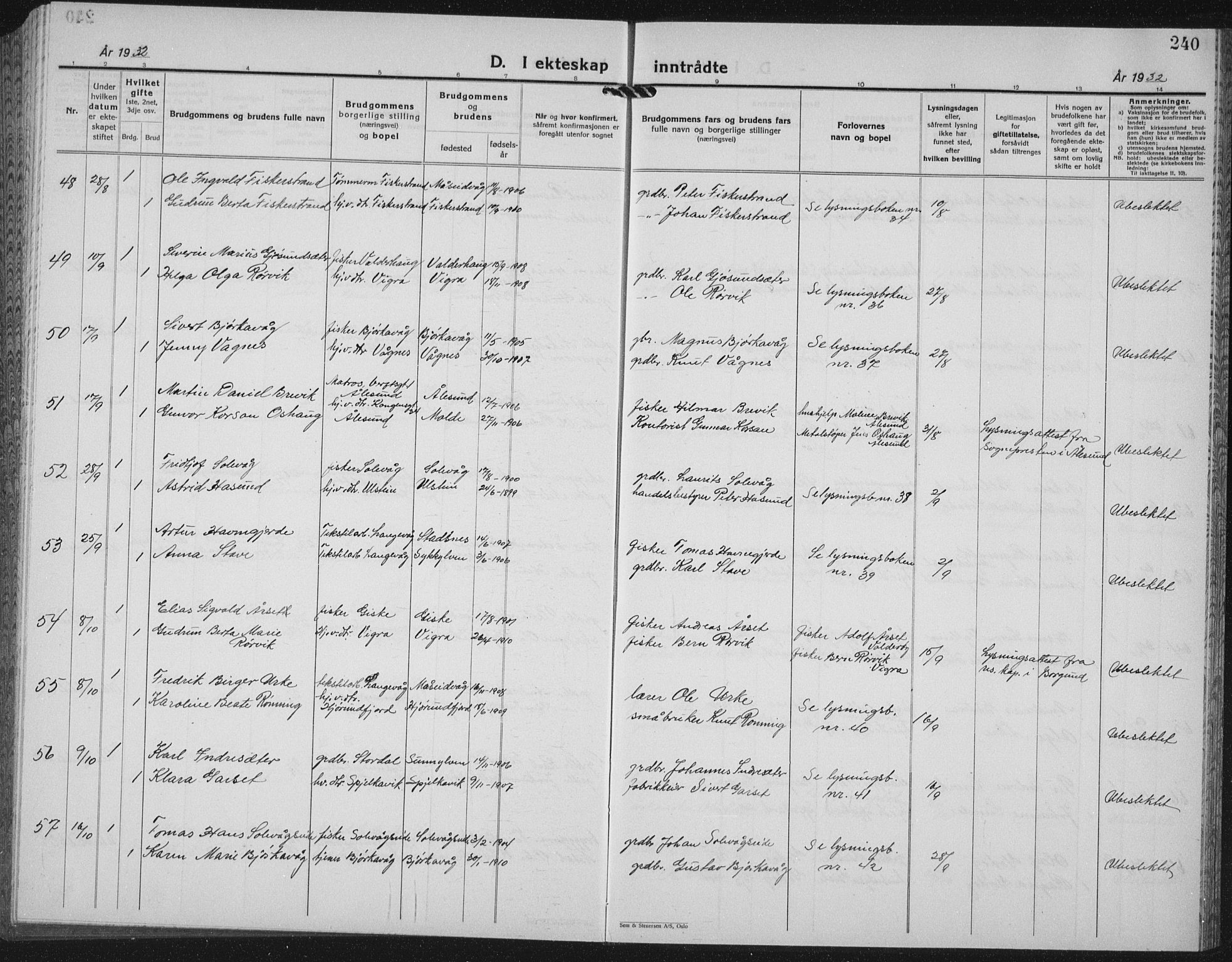 Ministerialprotokoller, klokkerbøker og fødselsregistre - Møre og Romsdal, AV/SAT-A-1454/528/L0436: Parish register (copy) no. 528C17, 1927-1939, p. 240