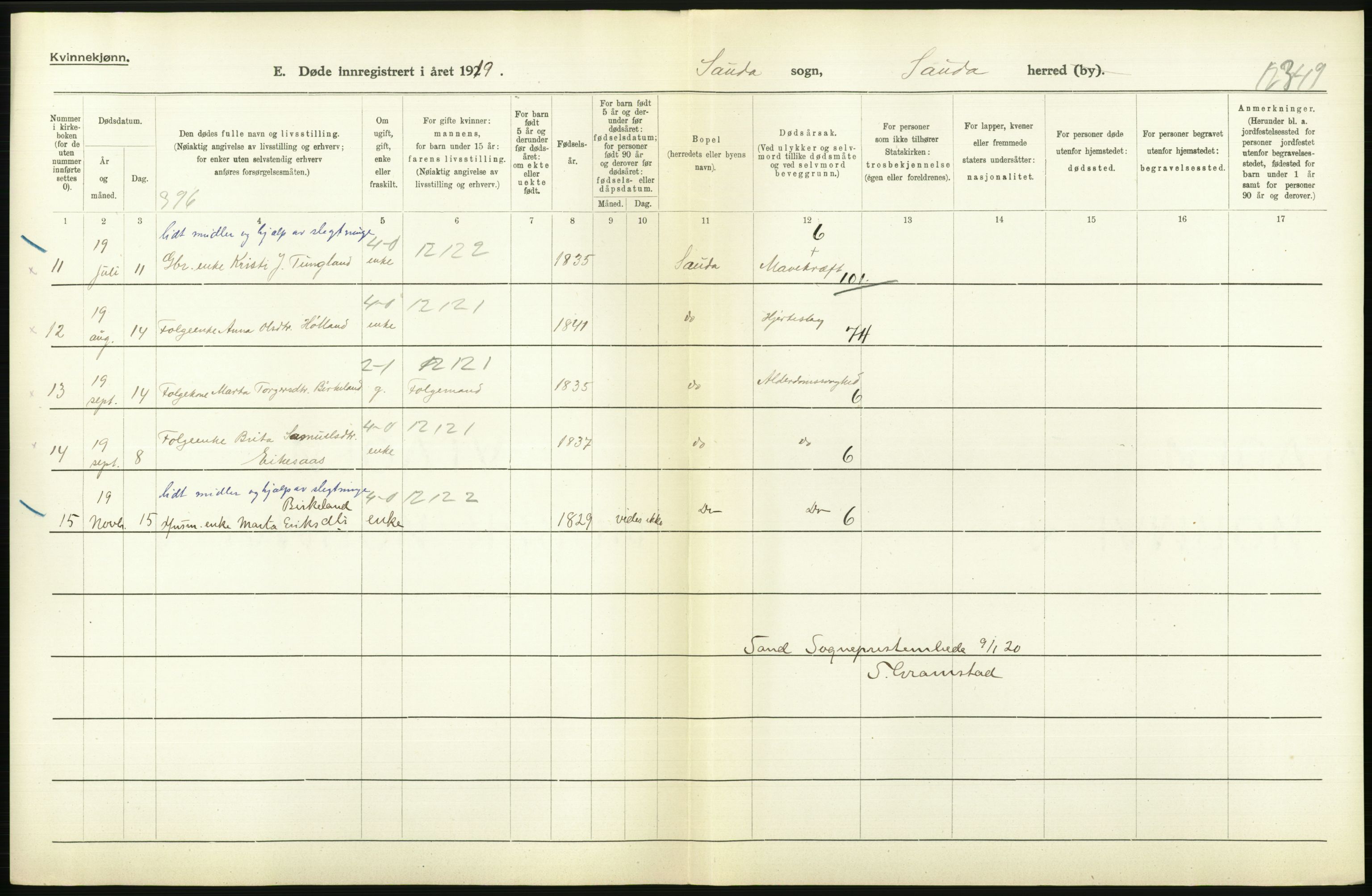 Statistisk sentralbyrå, Sosiodemografiske emner, Befolkning, AV/RA-S-2228/D/Df/Dfb/Dfbi/L0030: Rogaland fylke: Døde. Bygder og byer., 1919, p. 314