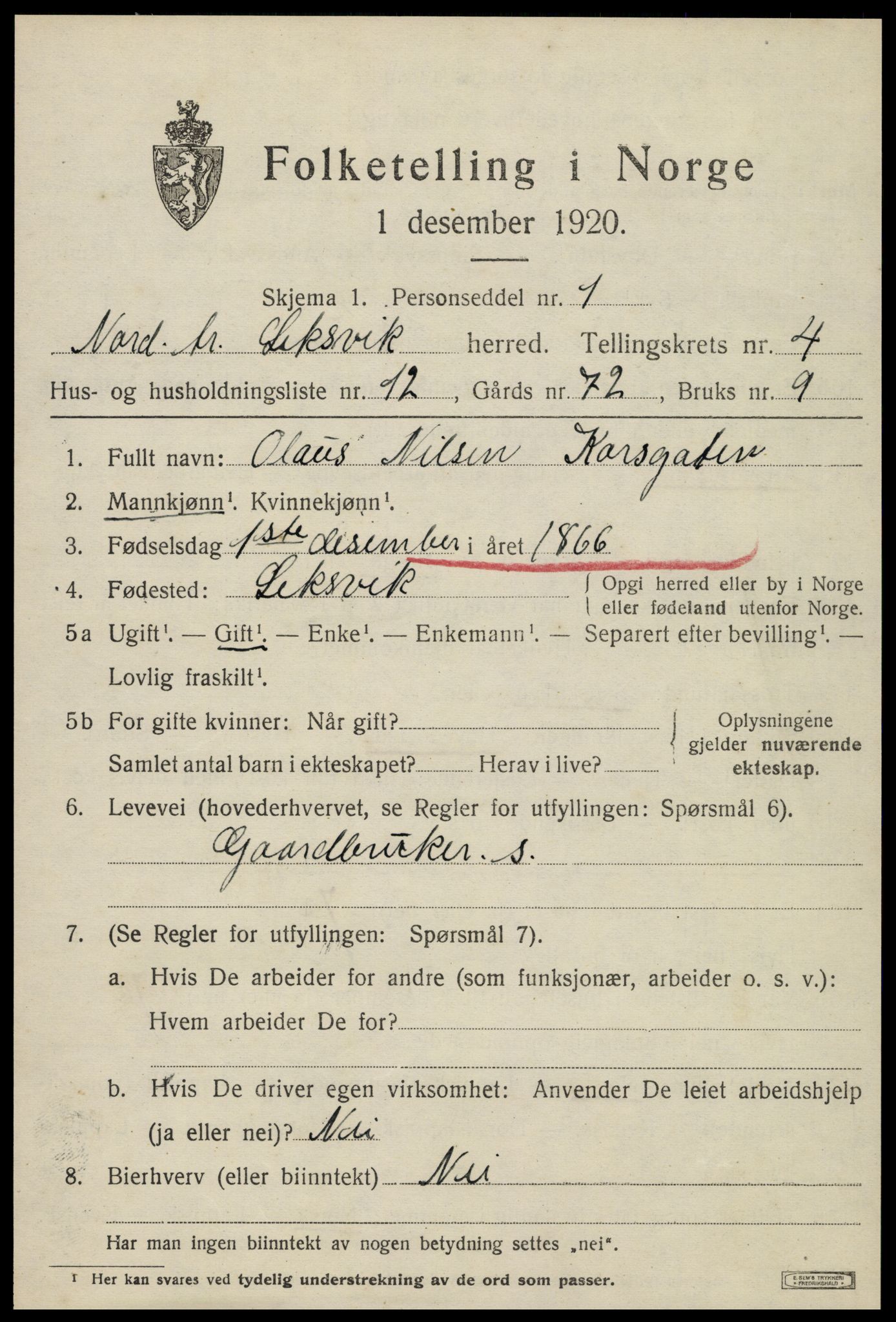 SAT, 1920 census for Leksvik, 1920, p. 3638