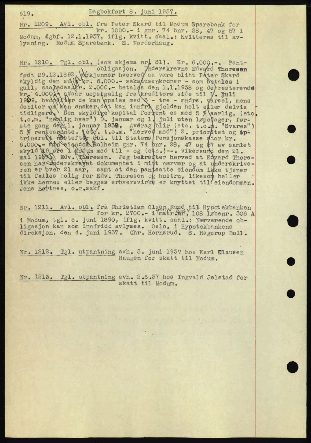 Eiker, Modum og Sigdal sorenskriveri, SAKO/A-123/G/Ga/Gab/L0035: Mortgage book no. A5, 1937-1937, Diary no: : 1209/1937