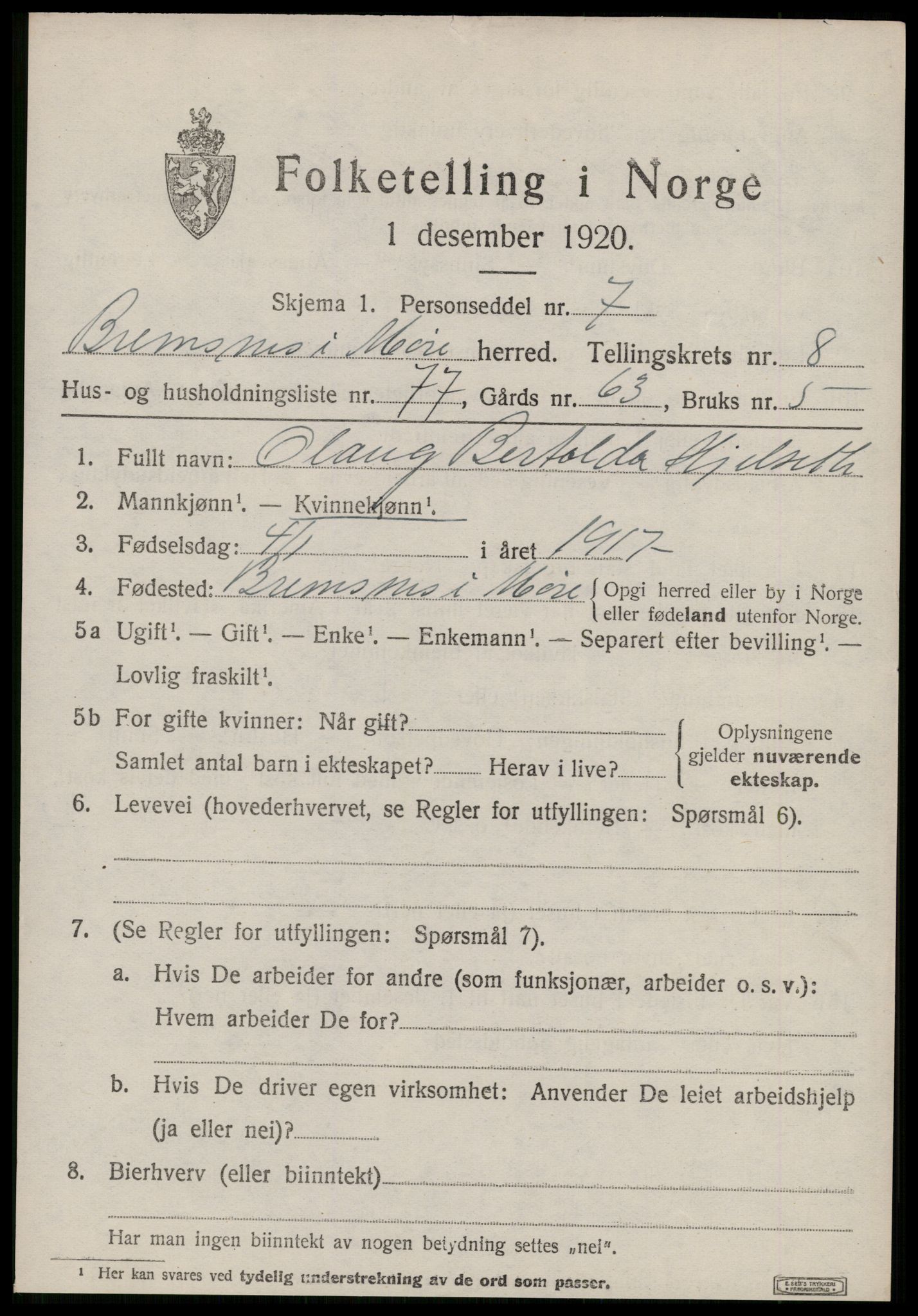 SAT, 1920 census for Bremsnes, 1920, p. 7823