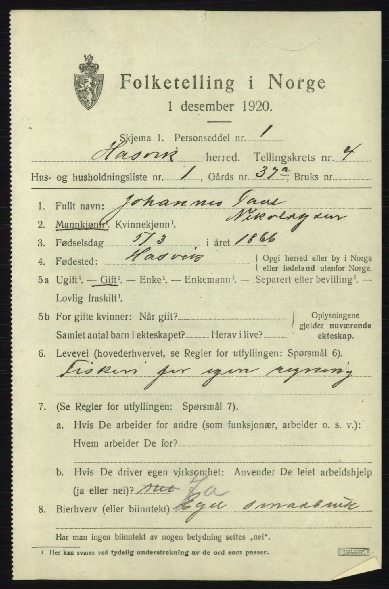 SATØ, 1920 census for Hasvik, 1920, p. 1757