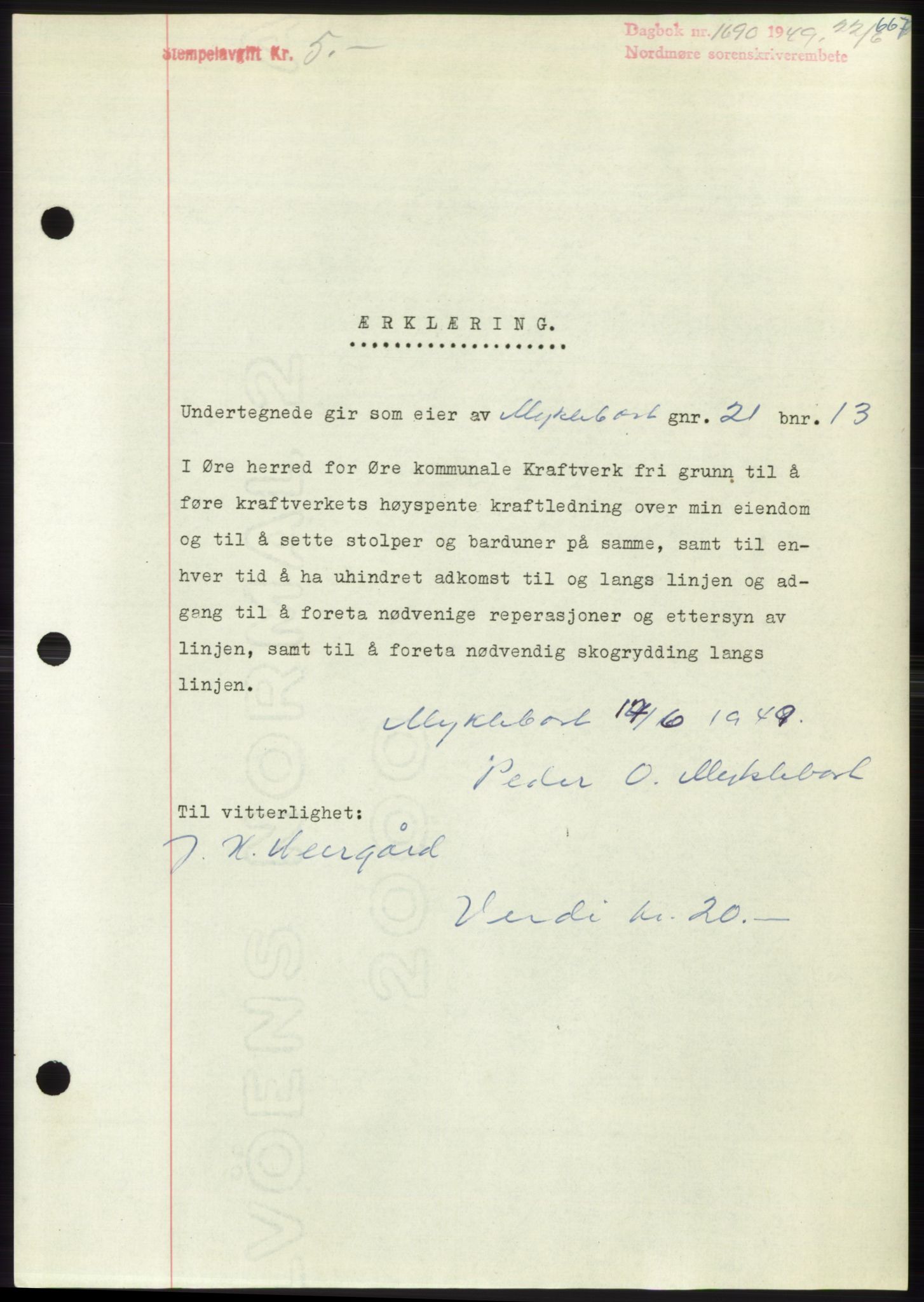 Nordmøre sorenskriveri, AV/SAT-A-4132/1/2/2Ca: Mortgage book no. B101, 1949-1949, Diary no: : 1690/1949