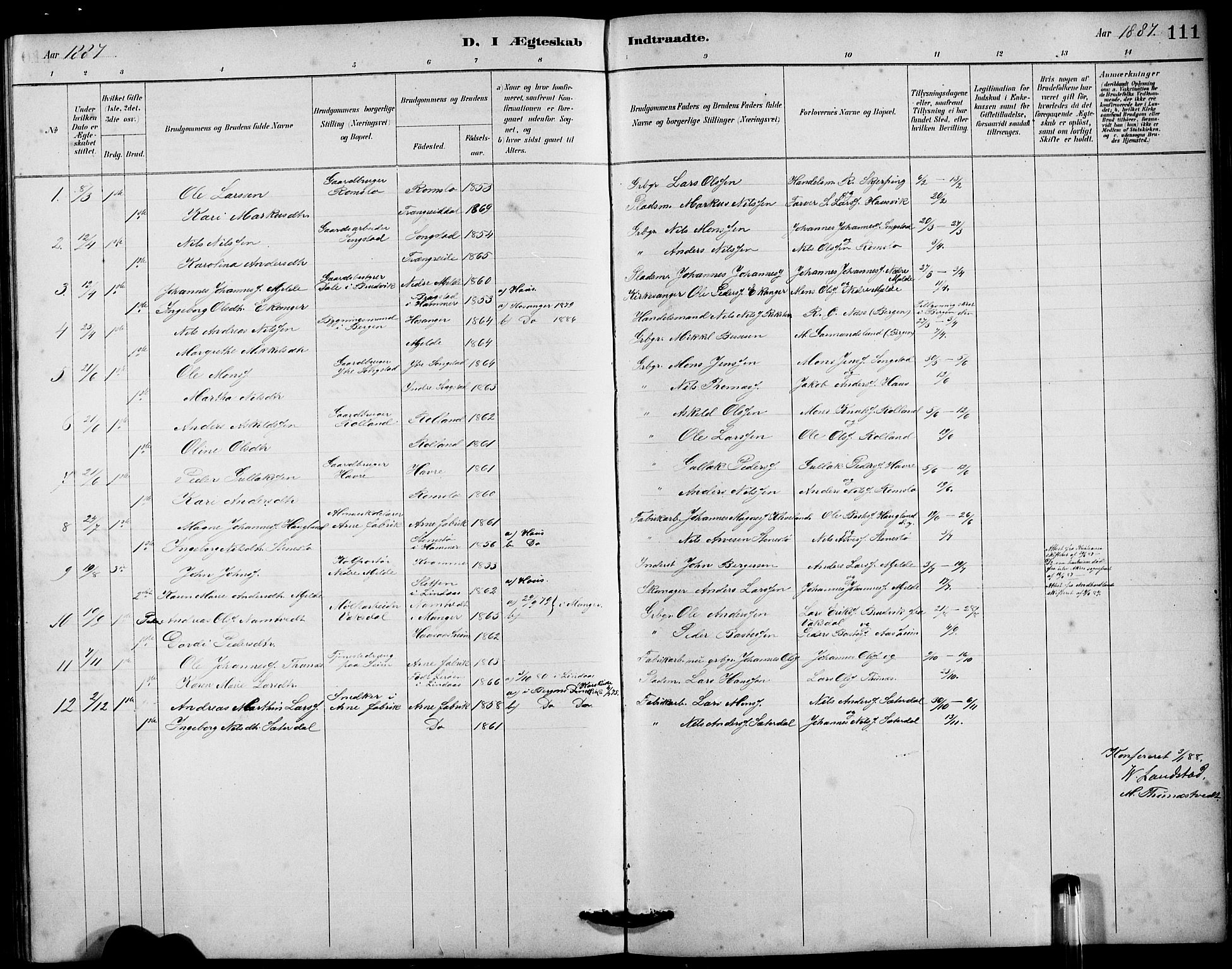 Haus sokneprestembete, SAB/A-75601/H/Hab: Parish register (copy) no. B 3, 1885-1899, p. 111