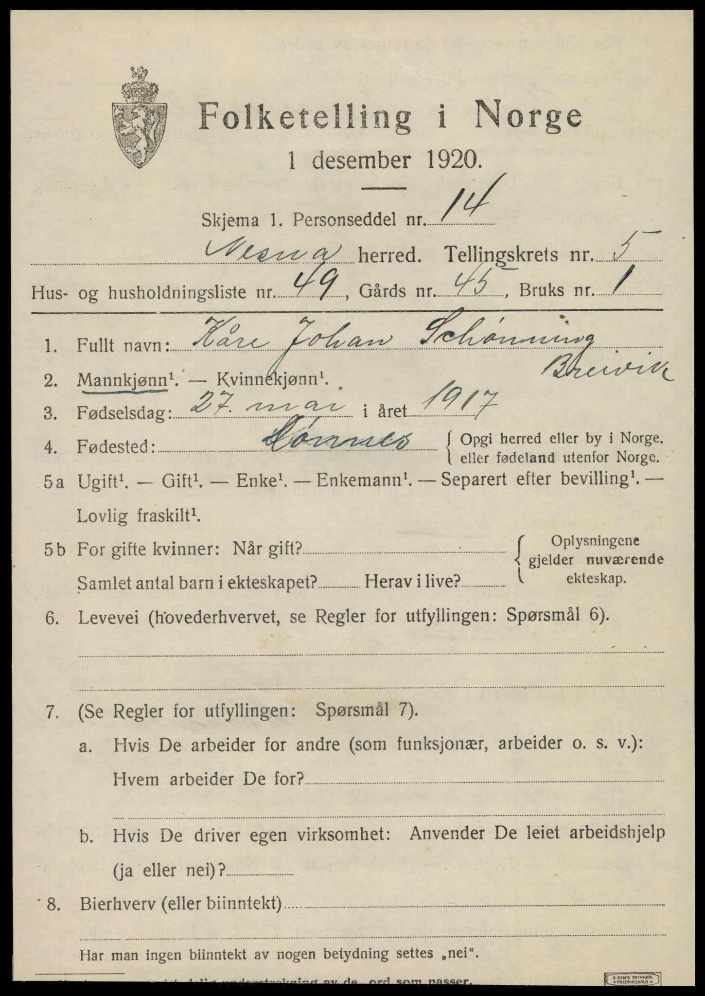 SAT, 1920 census for Nesna, 1920, p. 4563