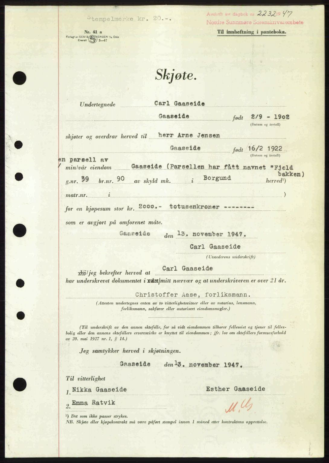 Nordre Sunnmøre sorenskriveri, AV/SAT-A-0006/1/2/2C/2Ca: Mortgage book no. A26, 1947-1948, Diary no: : 2232/1947