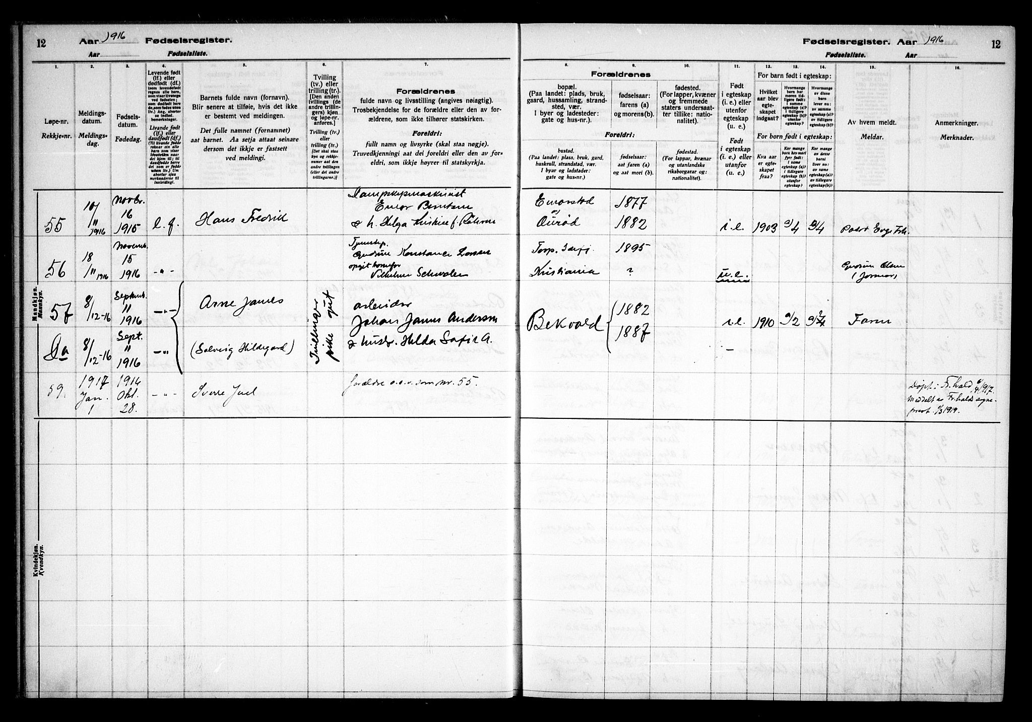 Idd prestekontor Kirkebøker, AV/SAO-A-10911/J/Ja/L0001: Birth register no. I 1, 1916-1937, p. 12