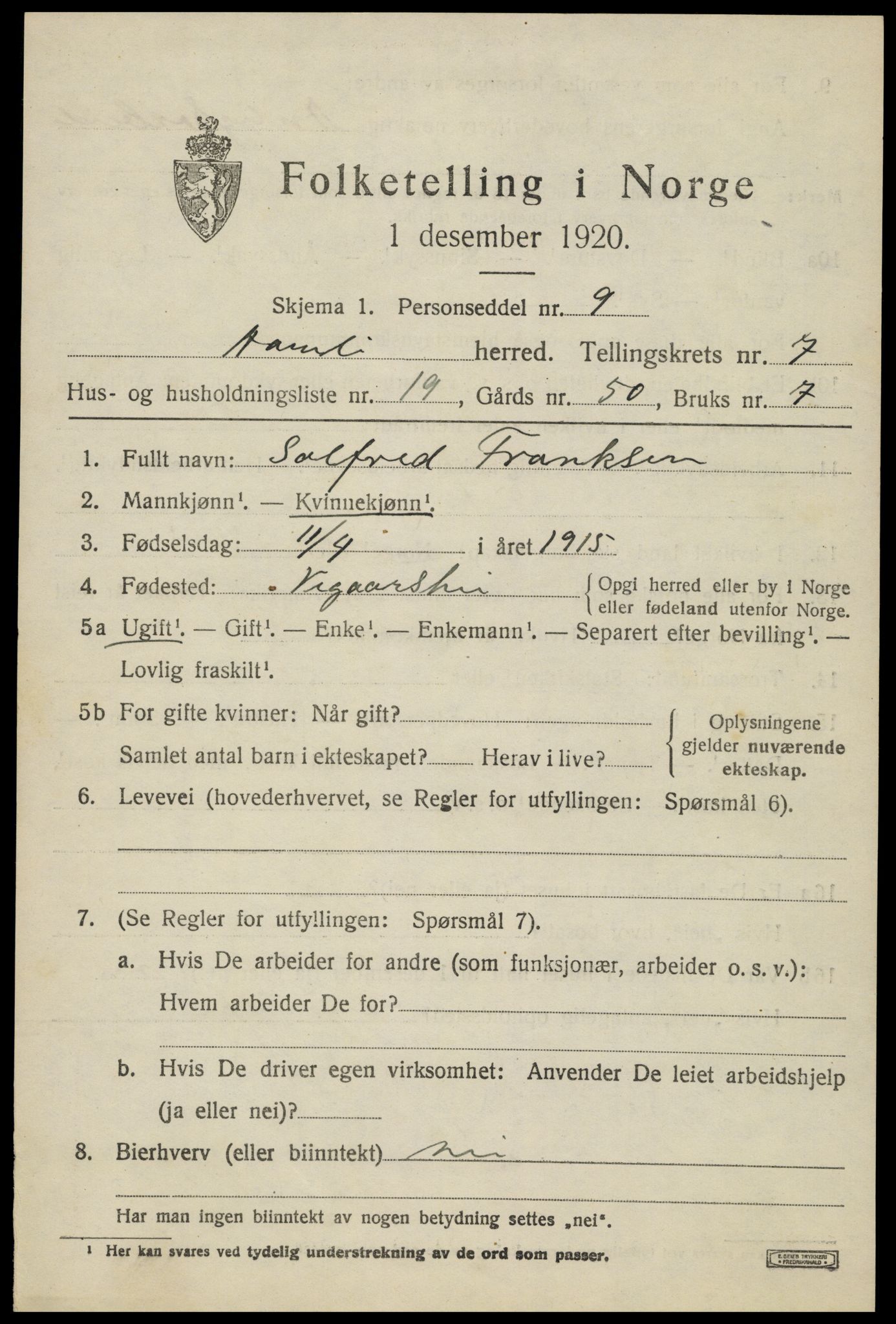 SAK, 1920 census for Åmli, 1920, p. 3181