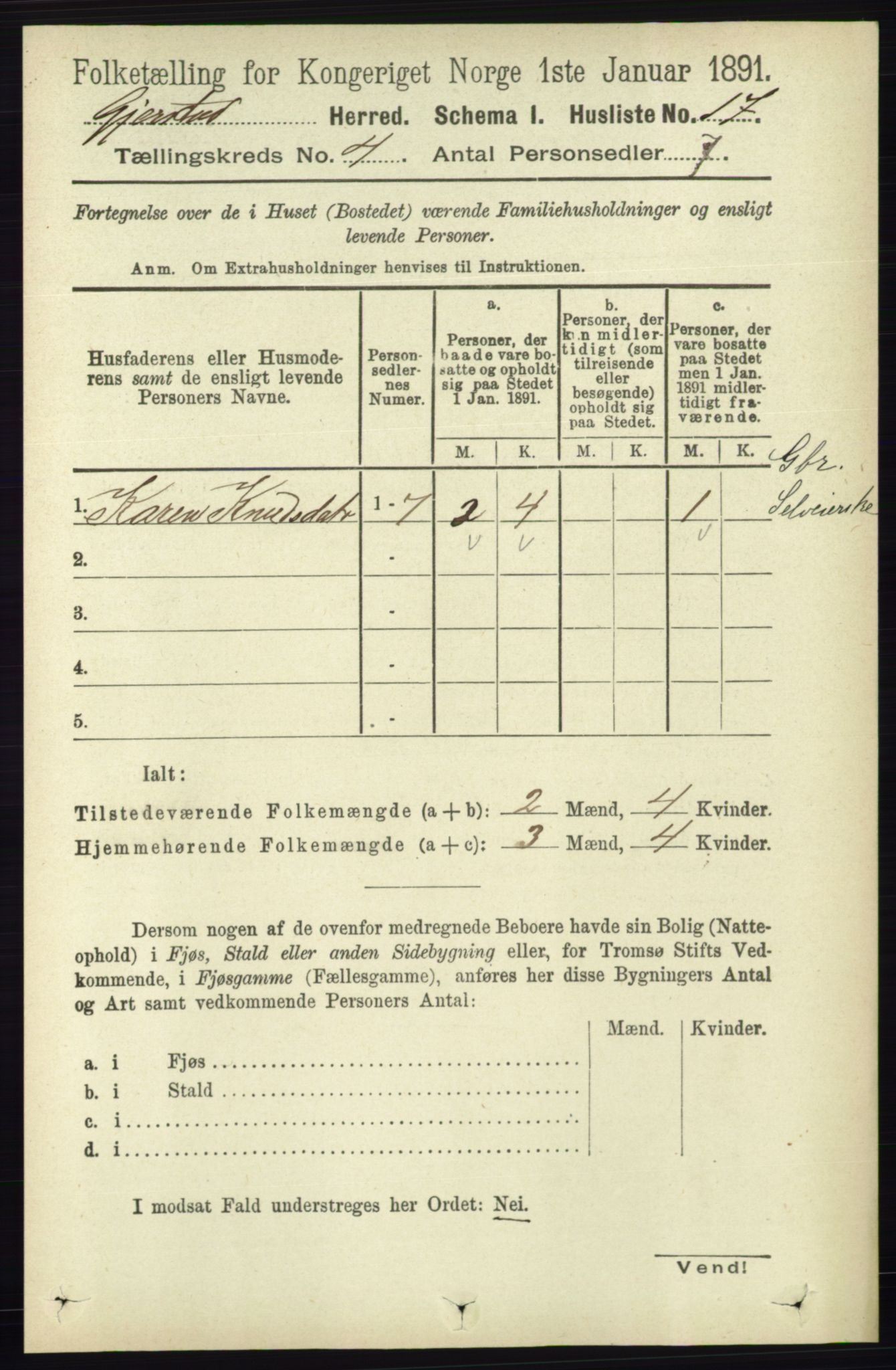 RA, 1891 census for 0911 Gjerstad, 1891, p. 1454