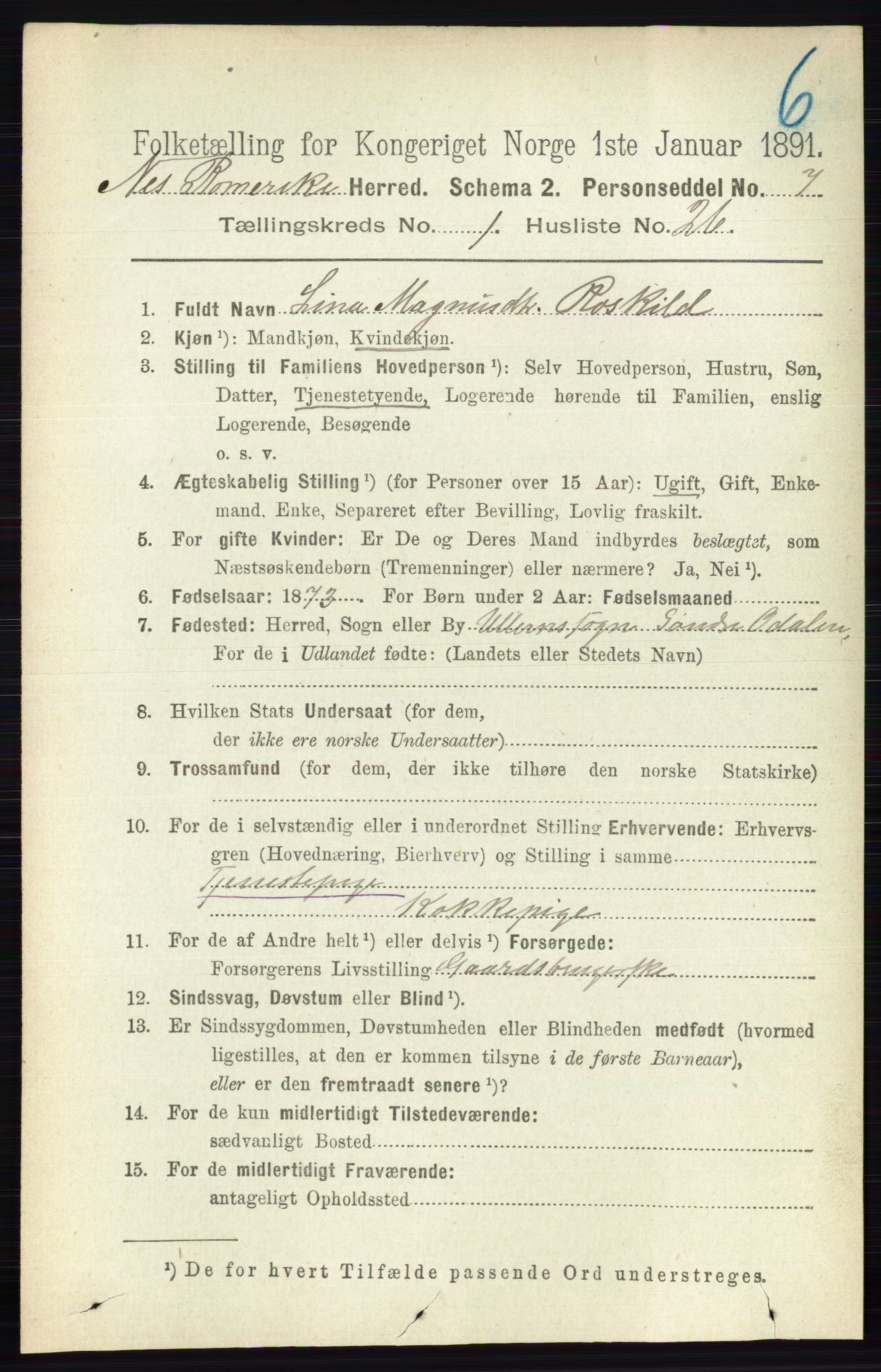 RA, 1891 census for 0236 Nes, 1891, p. 287