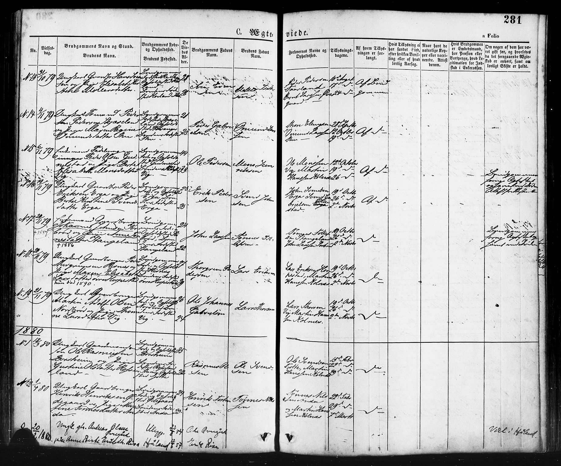 Klepp sokneprestkontor, AV/SAST-A-101803/001/3/30BA/L0006: Parish register (official) no. A 6, 1871-1885, p. 281