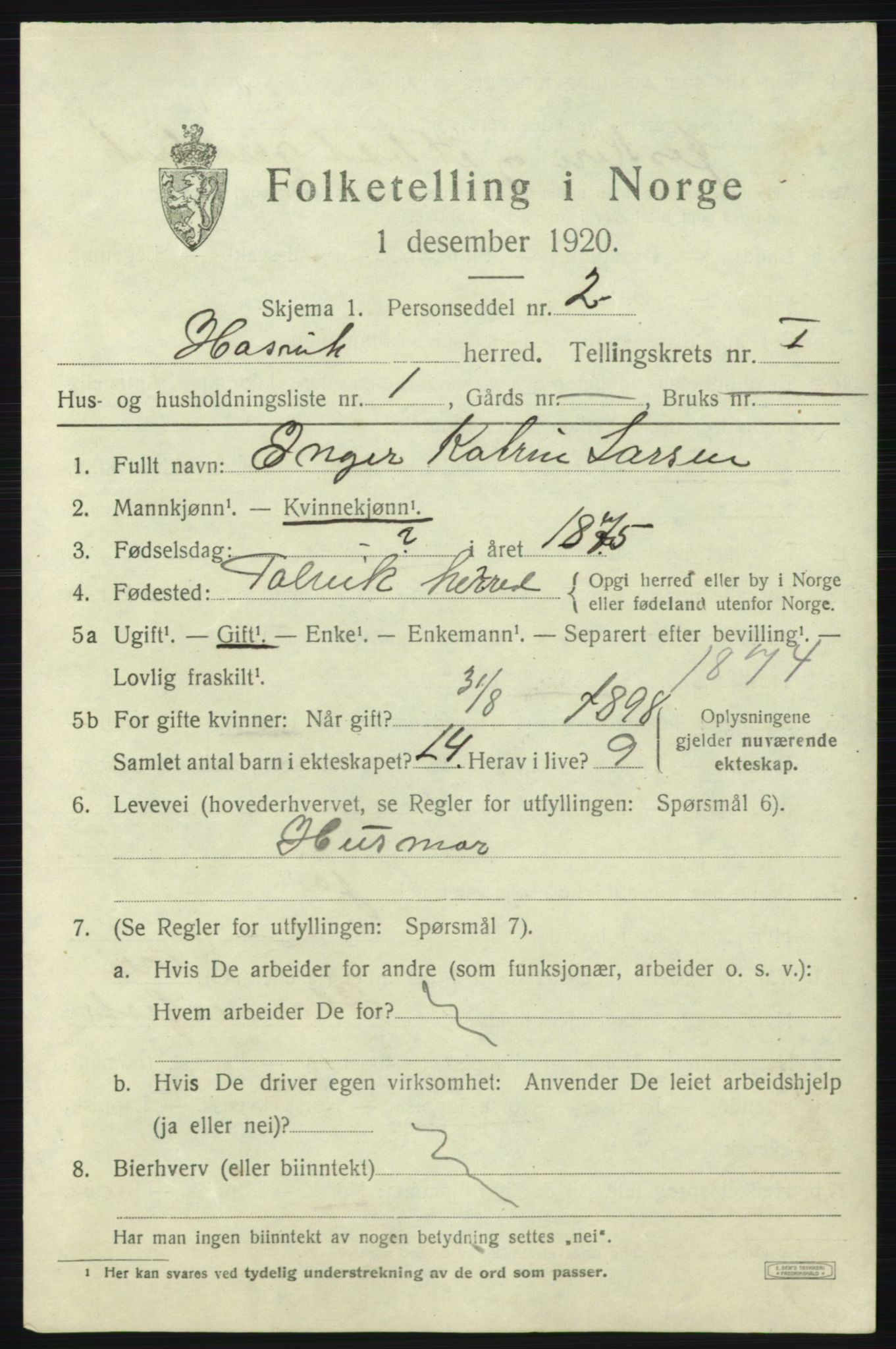 SATØ, 1920 census for Hasvik, 1920, p. 505