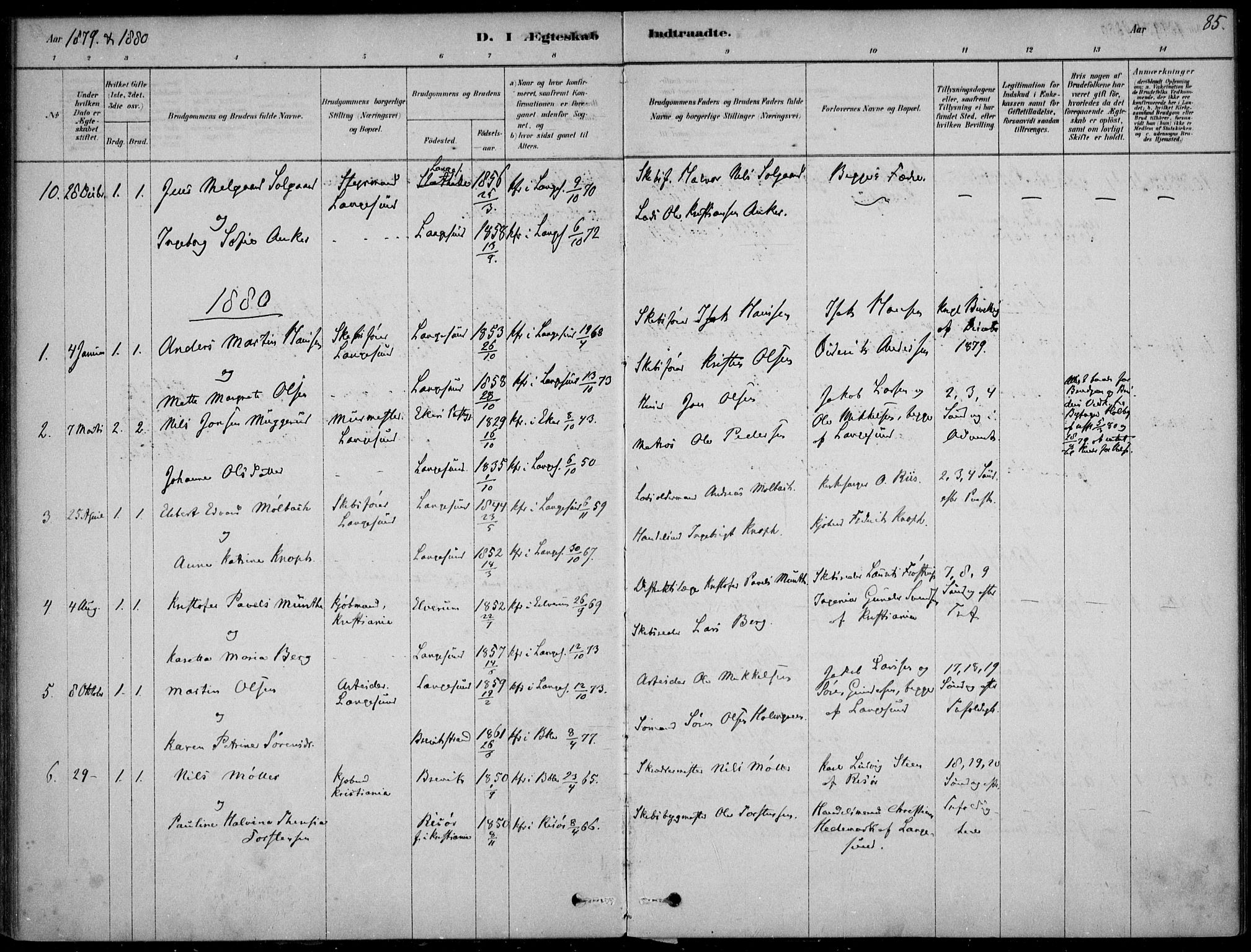 Langesund kirkebøker, AV/SAKO-A-280/F/Fa/L0002: Parish register (official) no. 2, 1878-1892, p. 85