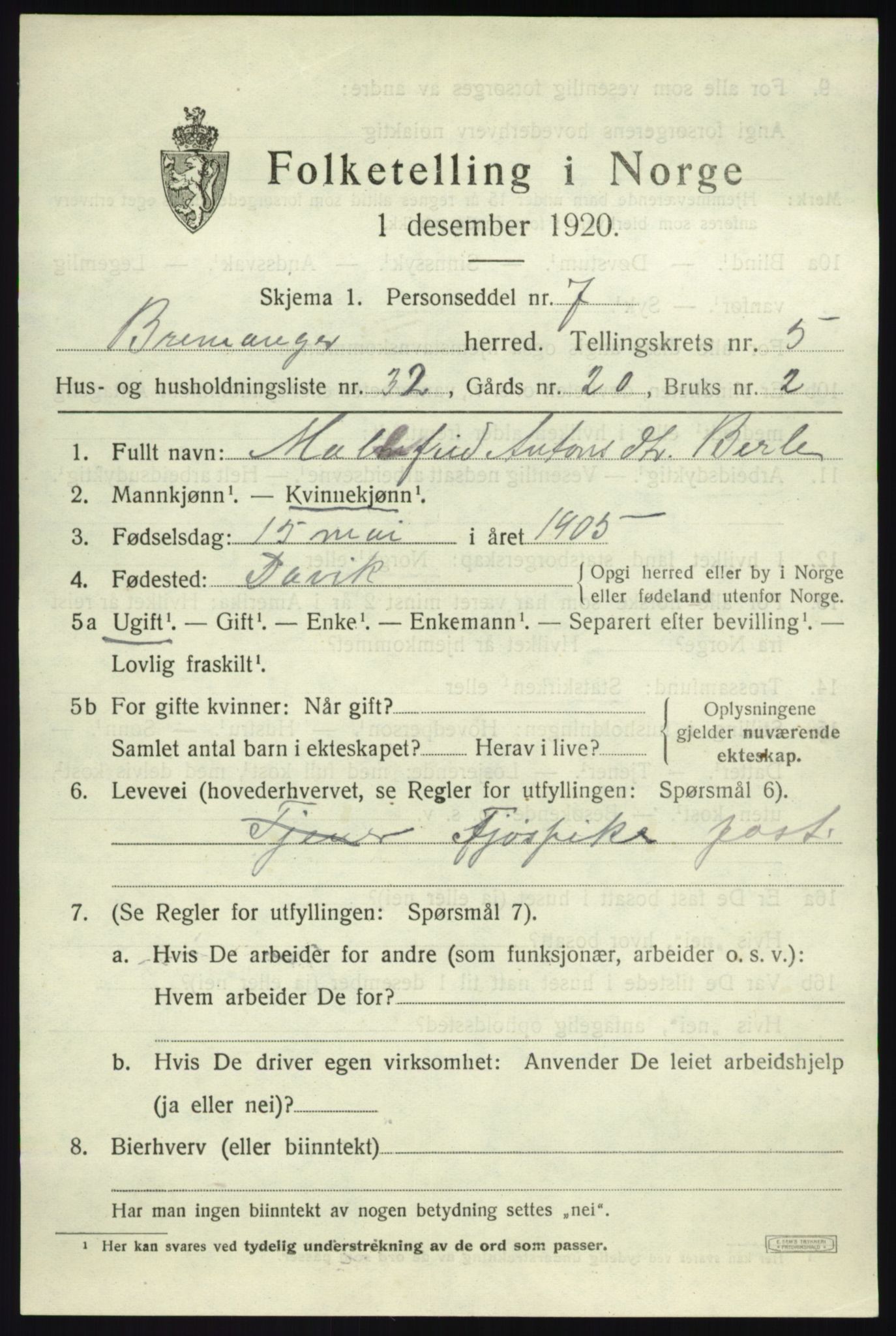 SAB, 1920 census for Bremanger, 1920, p. 3996