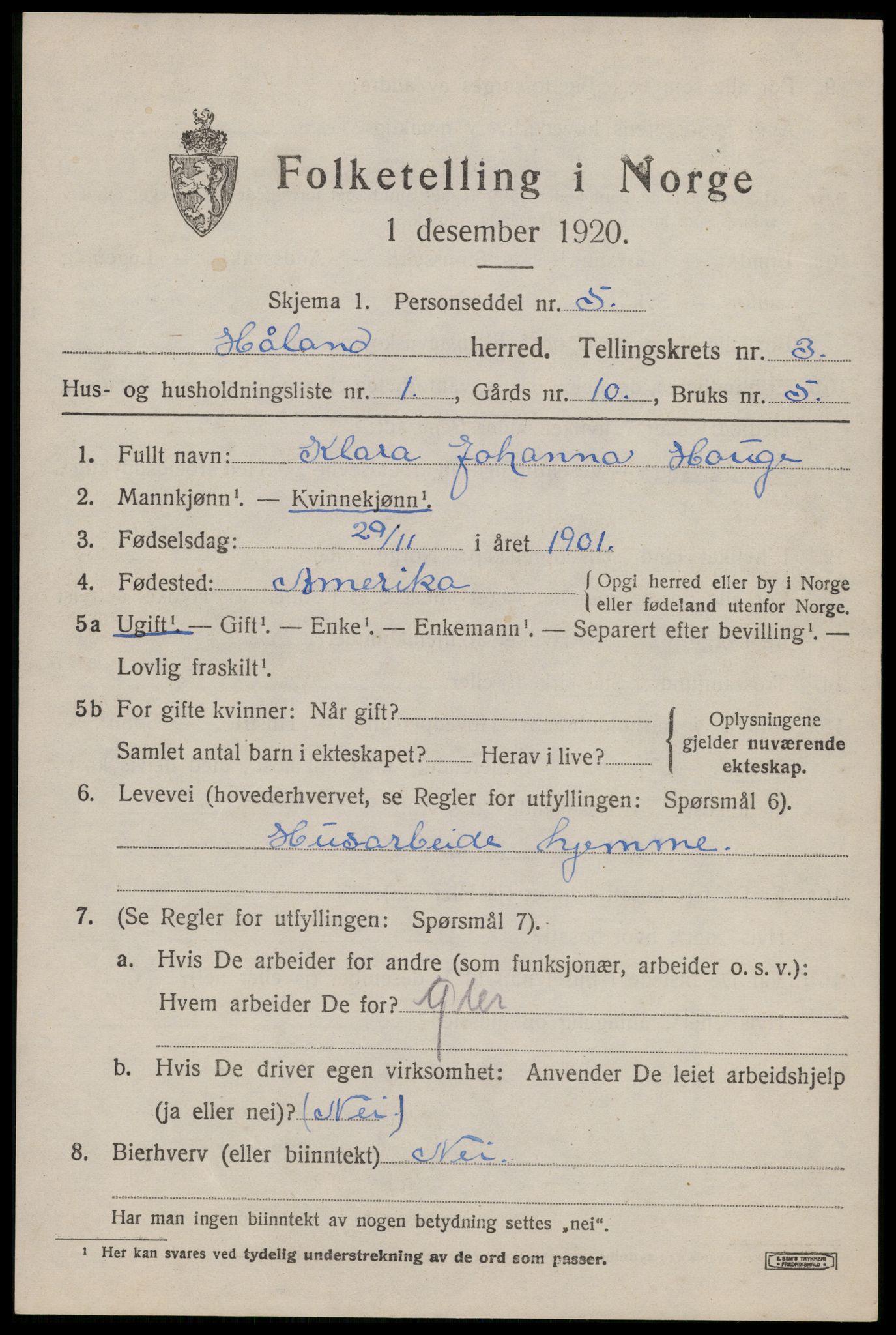 SAST, 1920 census for Håland, 1920, p. 3017