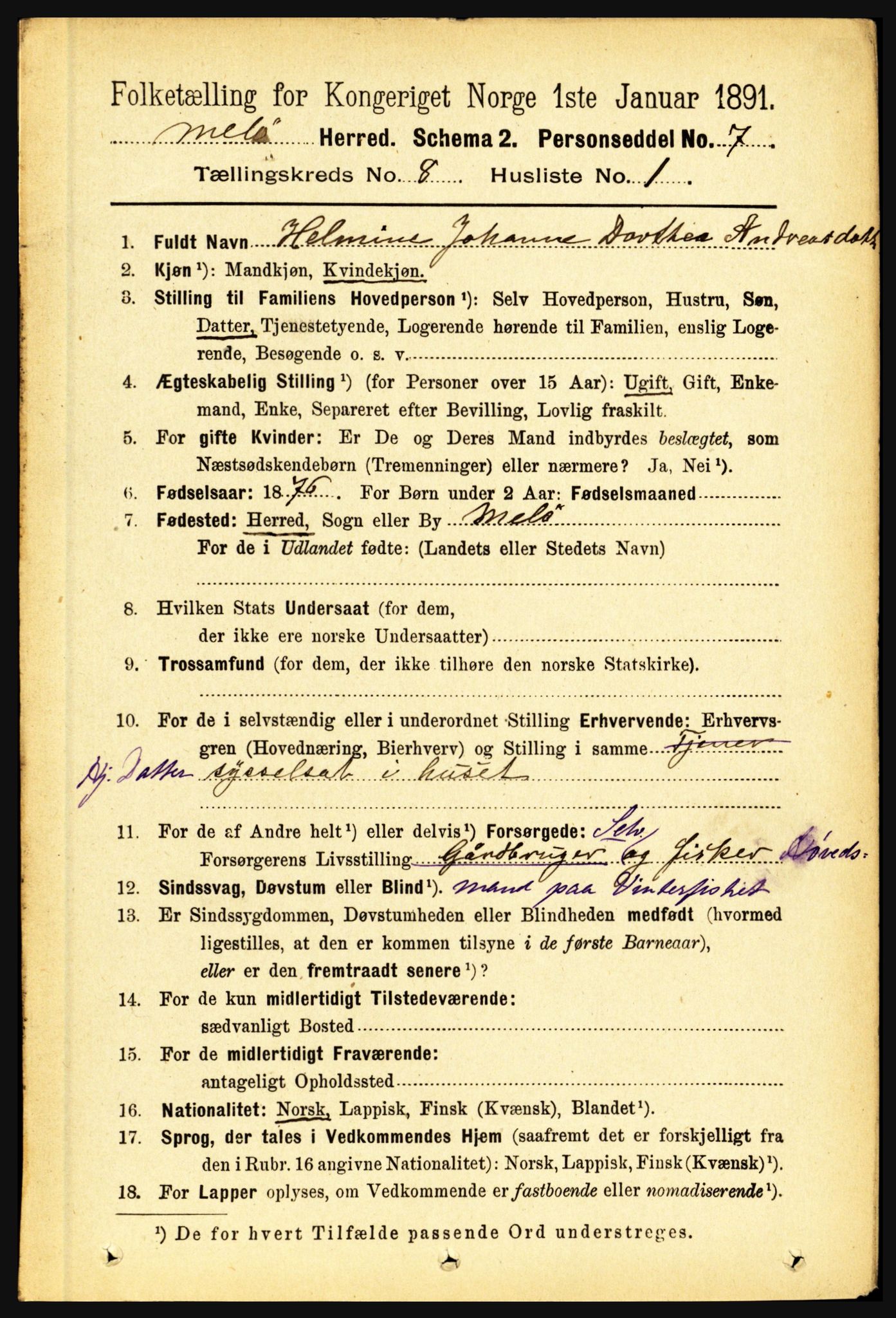 RA, 1891 census for 1837 Meløy, 1891, p. 3322