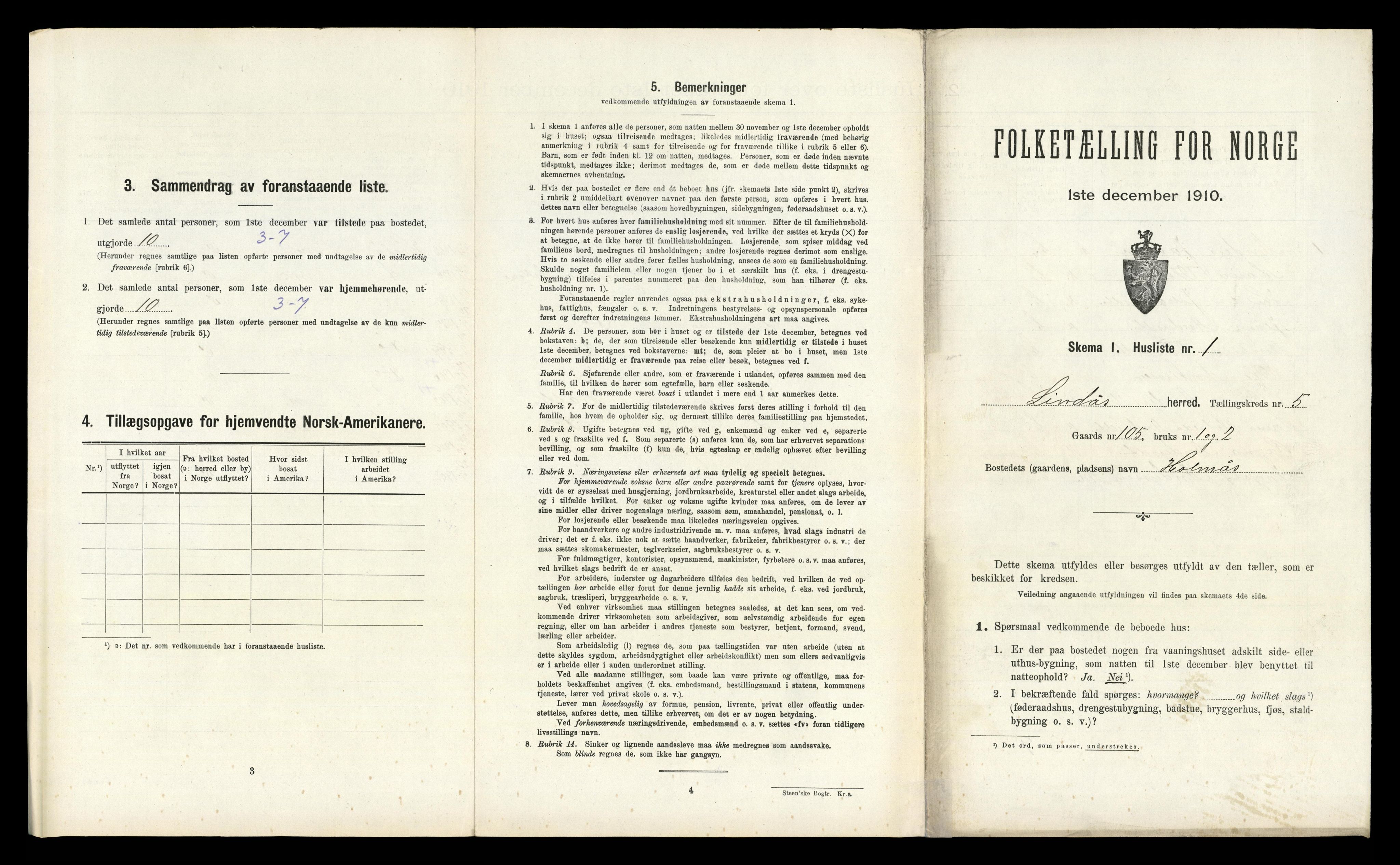 RA, 1910 census for Lindås, 1910, p. 380