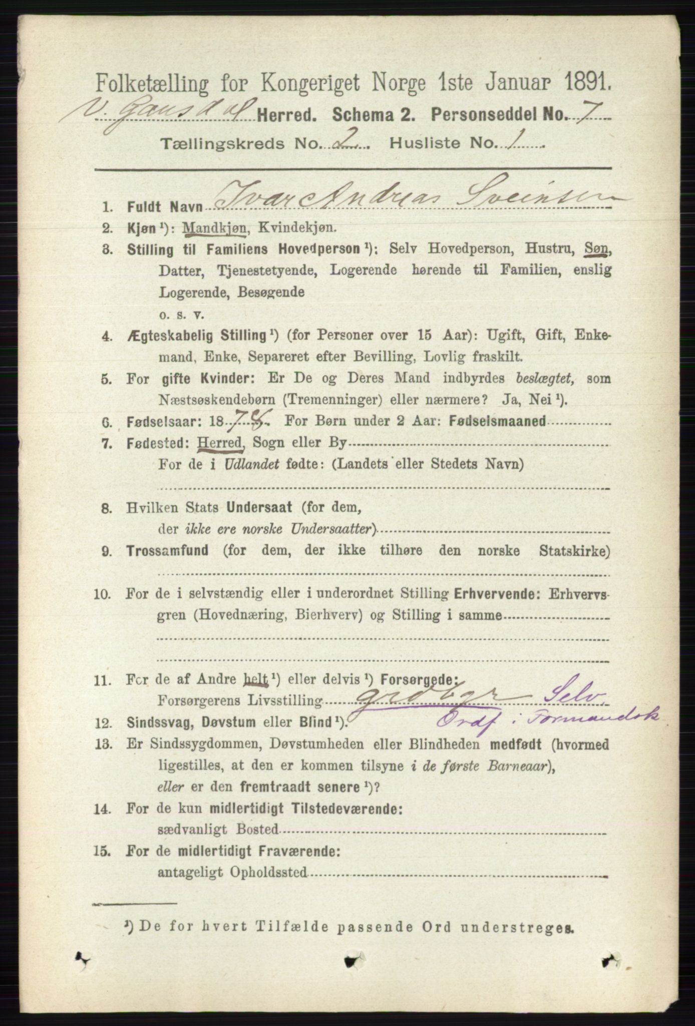 RA, 1891 census for 0523 Vestre Gausdal, 1891, p. 515