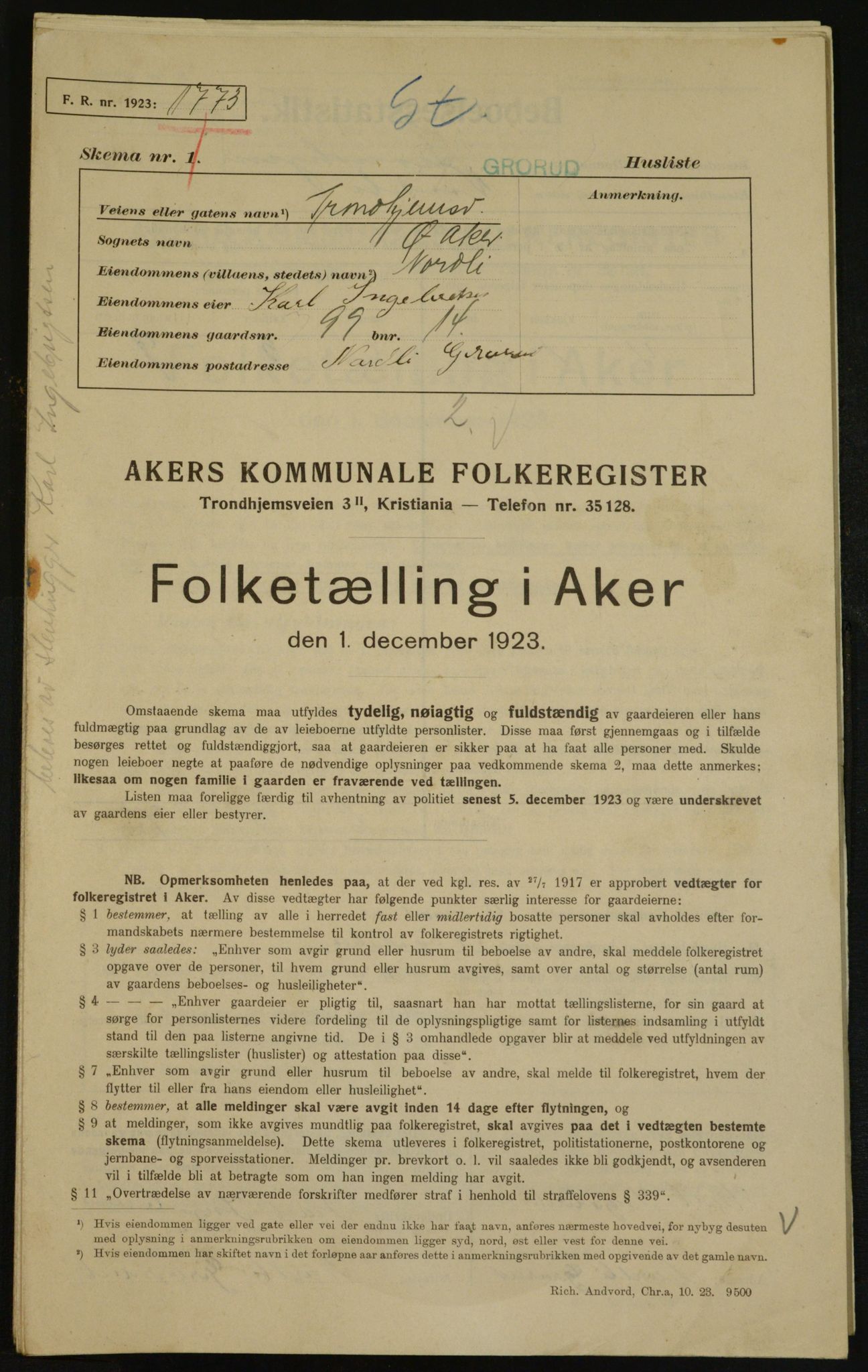 , Municipal Census 1923 for Aker, 1923, p. 33774