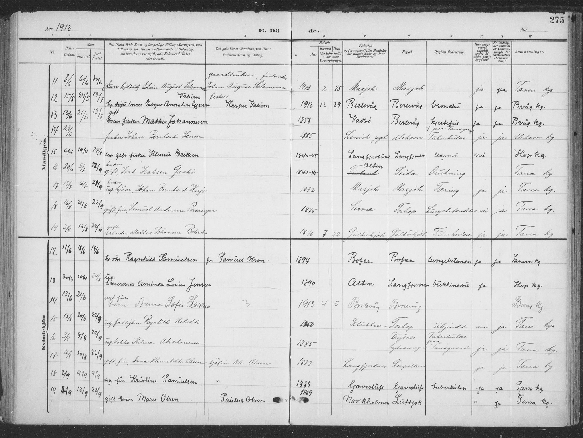 Tana sokneprestkontor, AV/SATØ-S-1334/H/Ha/L0007kirke: Parish register (official) no. 7, 1904-1918, p. 275