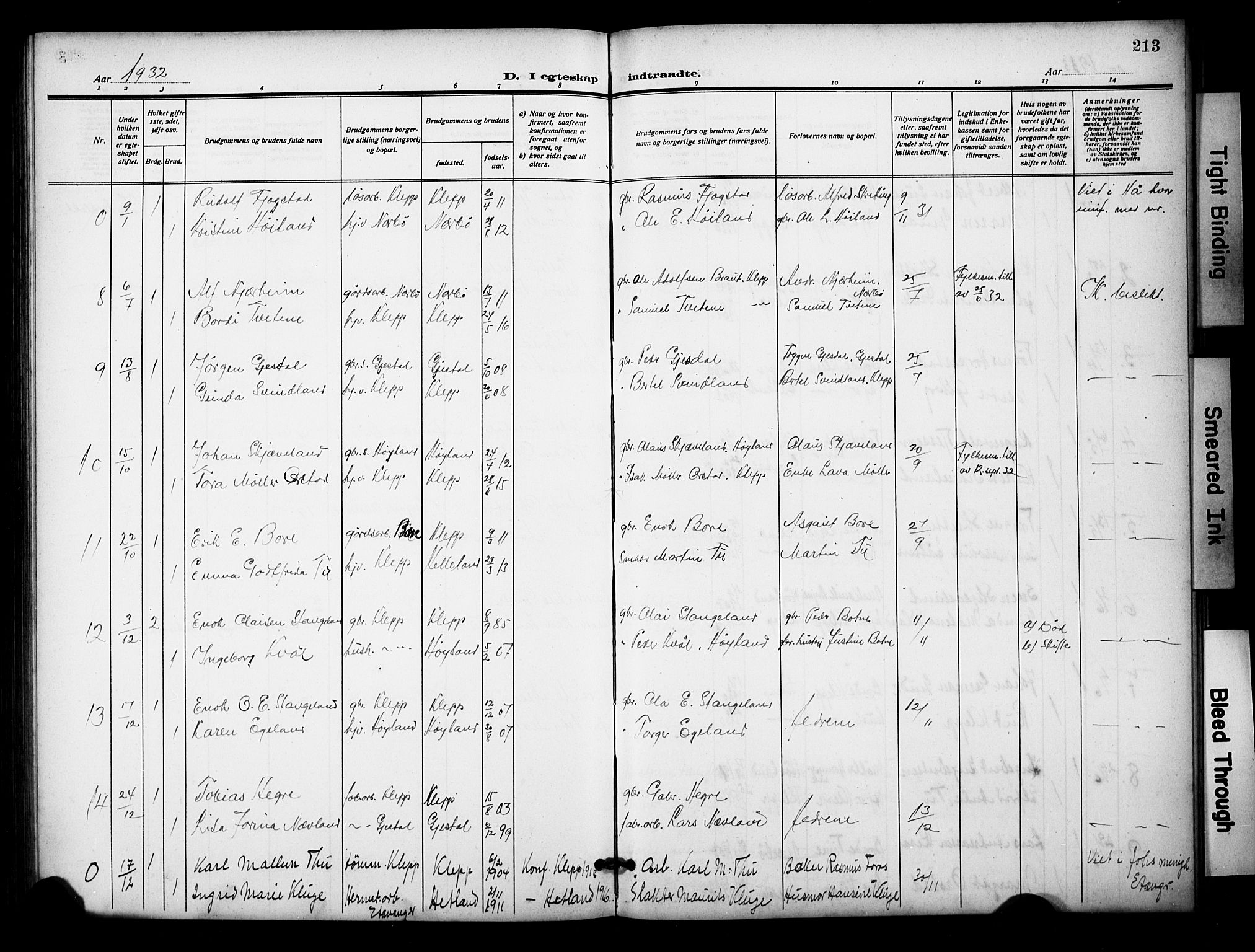 Klepp sokneprestkontor, AV/SAST-A-101803/001/3/30BB/L0007: Parish register (copy) no. B 7, 1908-1934, p. 213