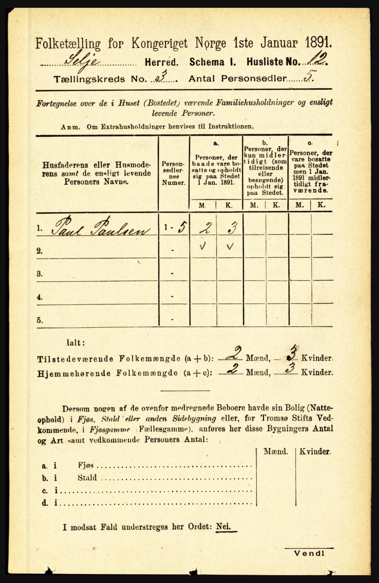 RA, 1891 census for 1441 Selje, 1891, p. 598