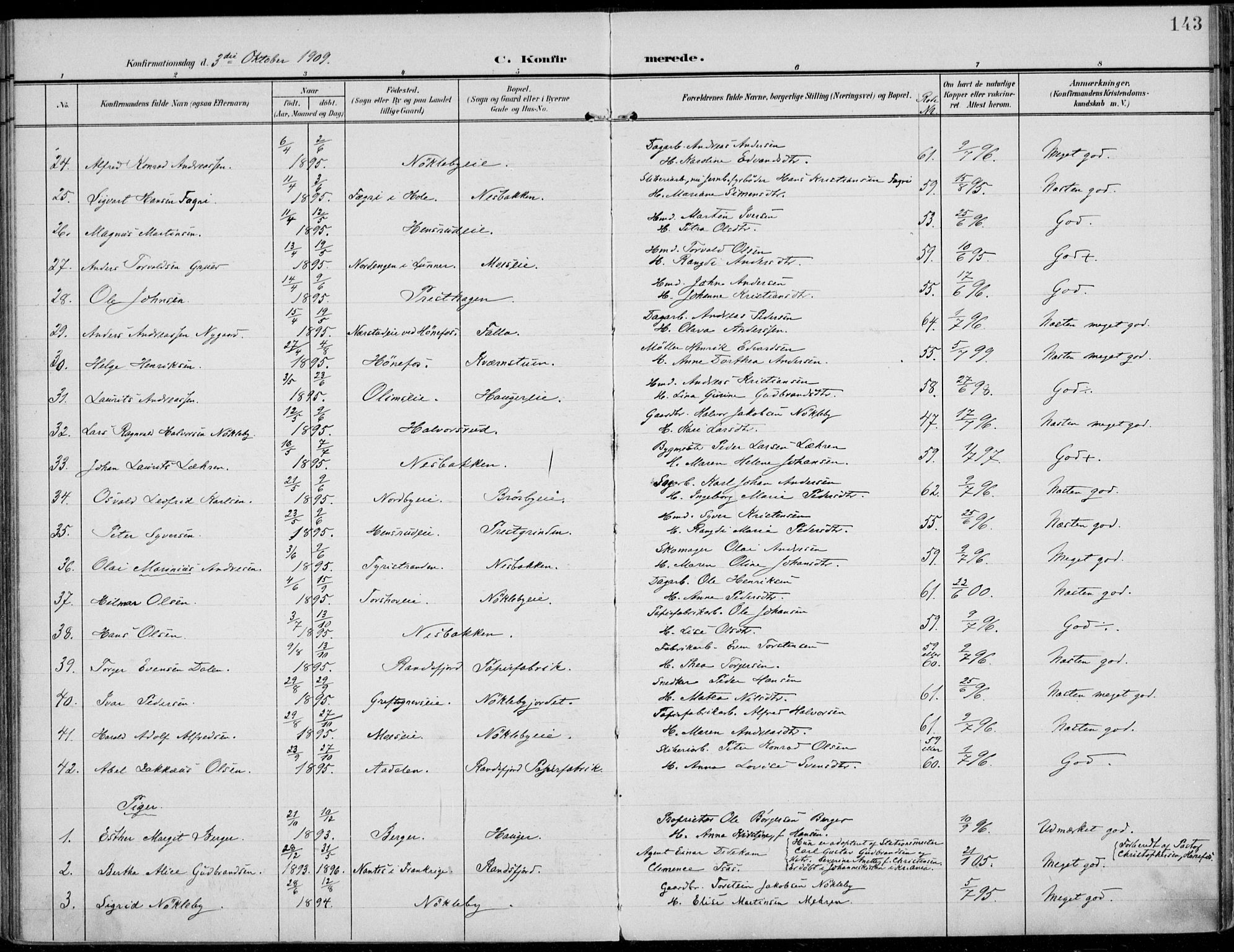 Jevnaker prestekontor, AV/SAH-PREST-116/H/Ha/Haa/L0011: Parish register (official) no. 11, 1902-1913, p. 143