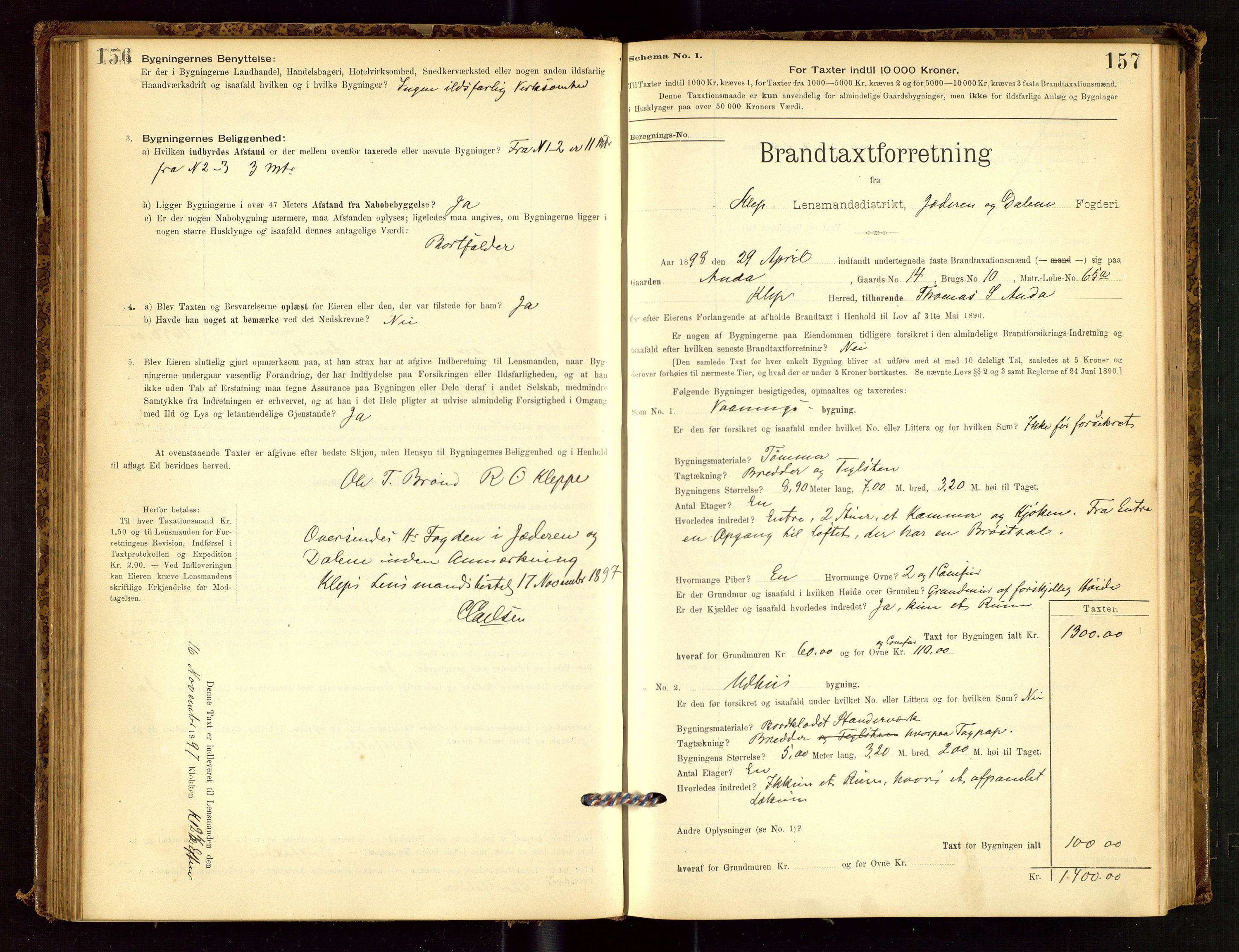 Klepp lensmannskontor, SAST/A-100163/Goc/L0001: "Brandtaxationsprotokol" m/register, 1895-1898, p. 156-157