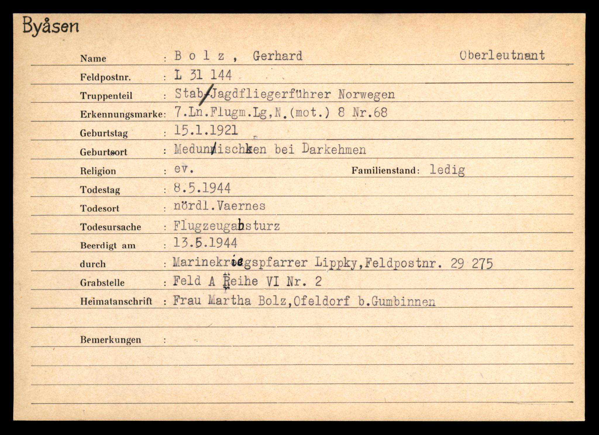 Distriktskontoret for krigsgraver, AV/SAT-A-5030/E/L0004: Kasett/kartotek over tysk Krigskirkegård på Byåsen, 1945, p. 137