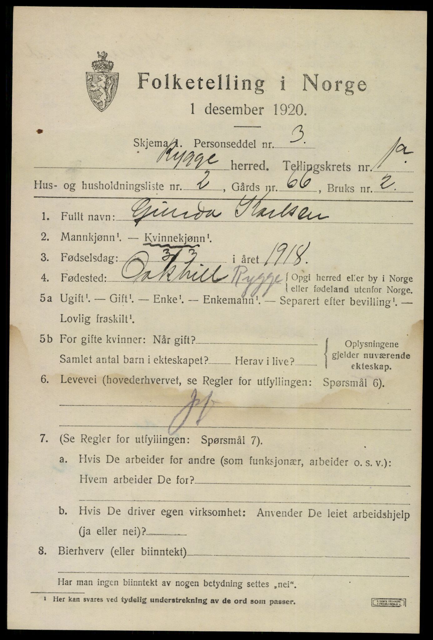 SAO, 1920 census for Rygge, 1920, p. 4141