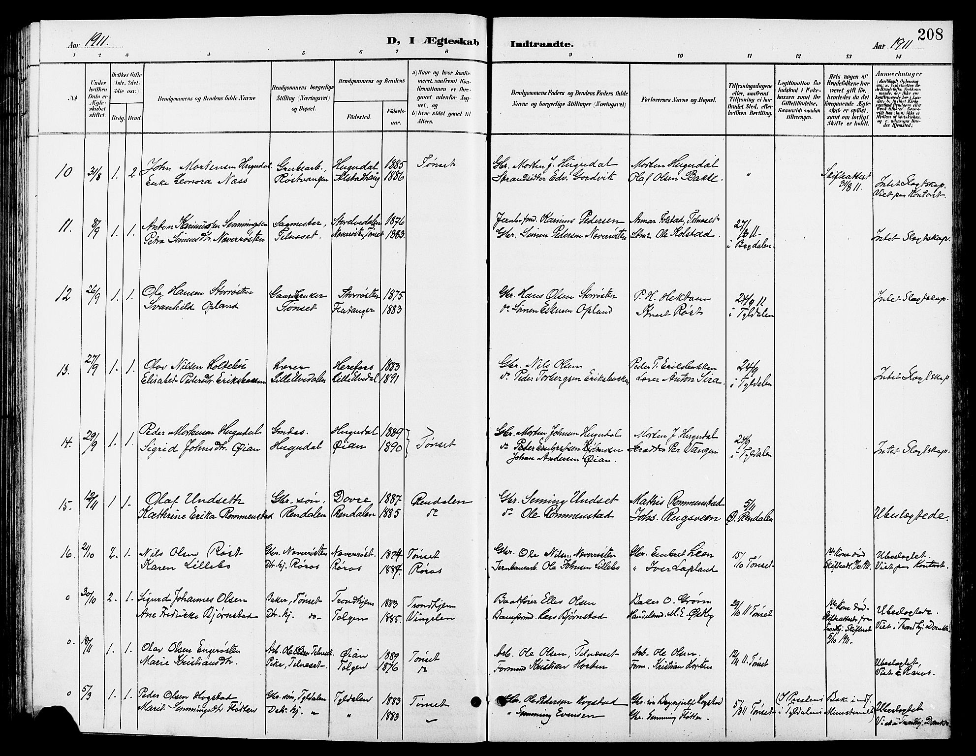 Tynset prestekontor, AV/SAH-PREST-058/H/Ha/Hab/L0009: Parish register (copy) no. 9, 1900-1914, p. 208